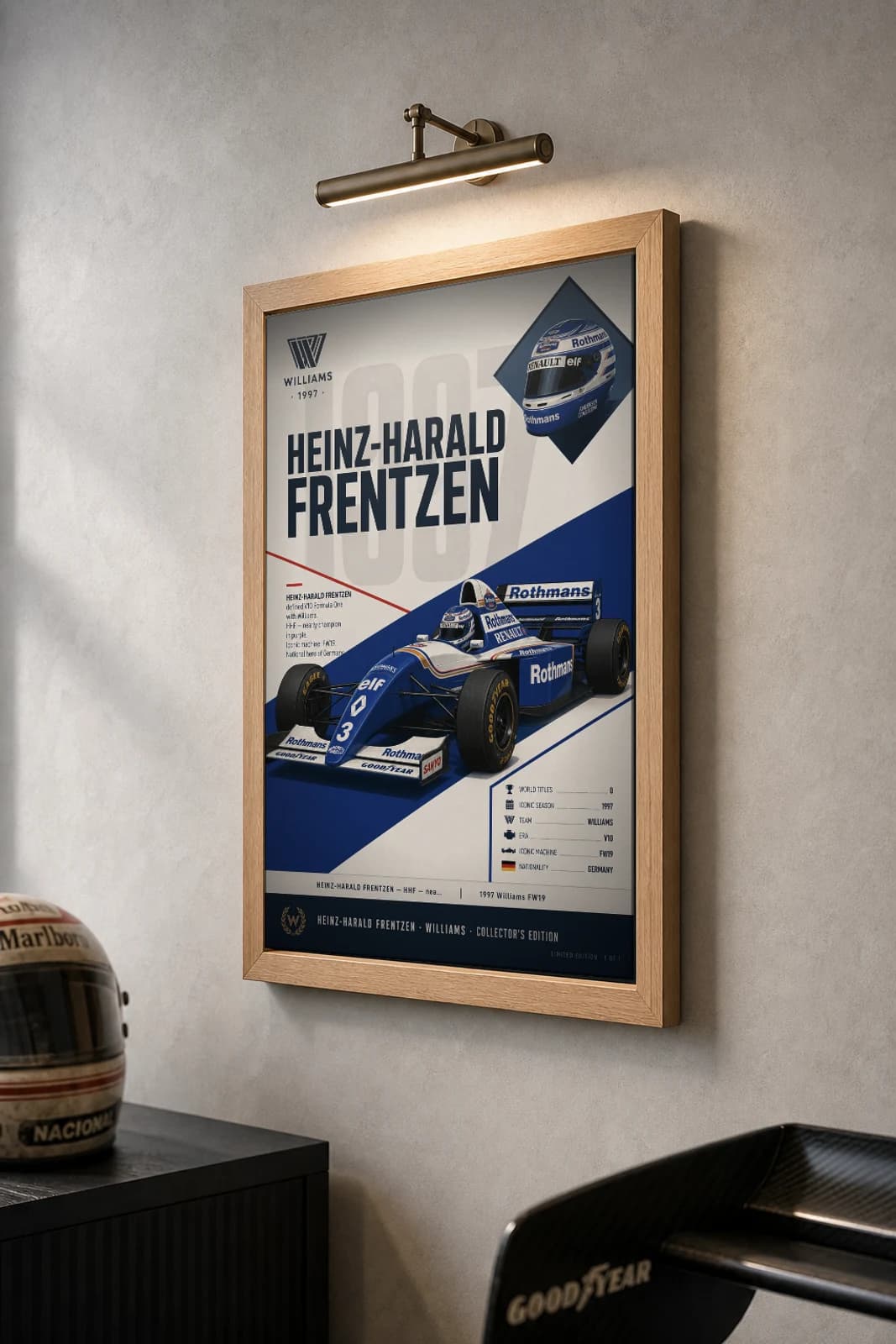 Heinz-Harald Frentzen Poster — 1997 Williams FW19 V10 F1 Heritage Collector Print — the framed print shown at a three-quarter angle on a styled gallery wall in a natural-oak frame