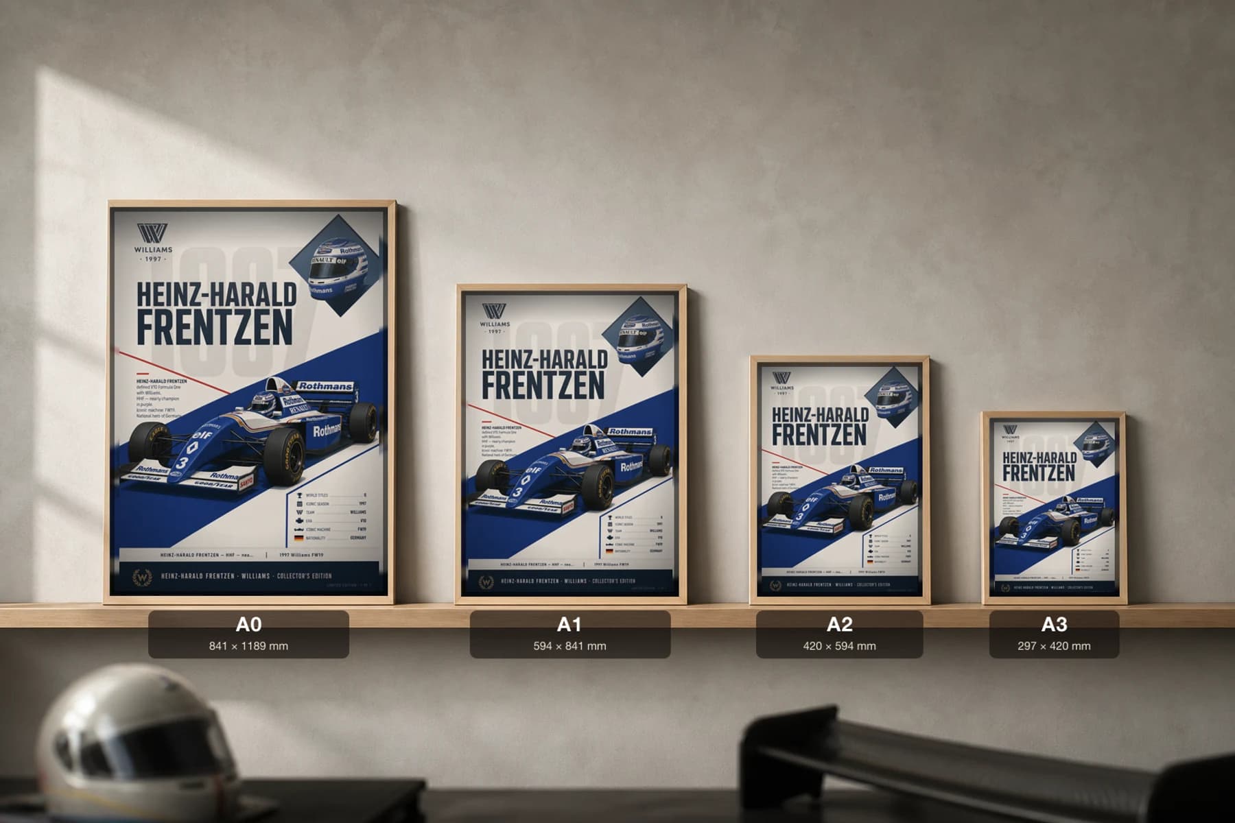 Heinz-Harald Frentzen Poster — 1997 Williams FW19 V10 F1 Heritage Collector Print — print size guide showing the artwork at A0, A1, A2 and A3 in natural-oak frames at true relative scale