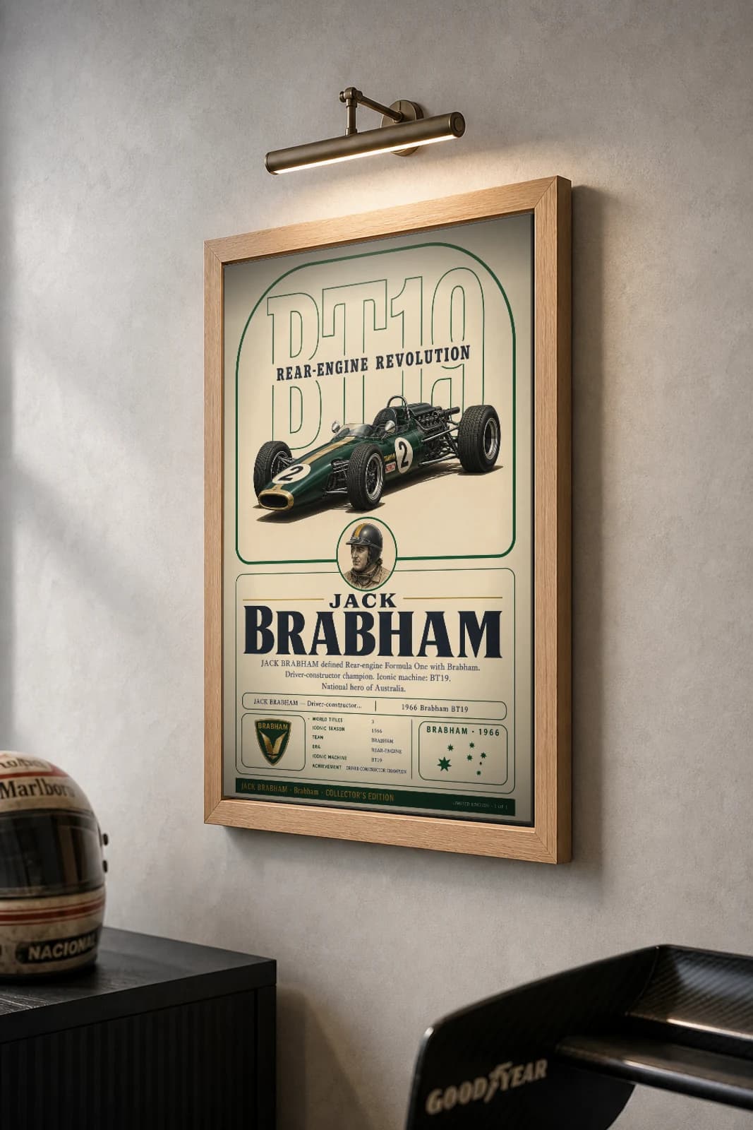 Jack Brabham Poster — 1966 Brabham BT19 Rear-Engine F1 Heritage Collector Print — the framed print shown at a three-quarter angle on a styled gallery wall in a natural-oak frame