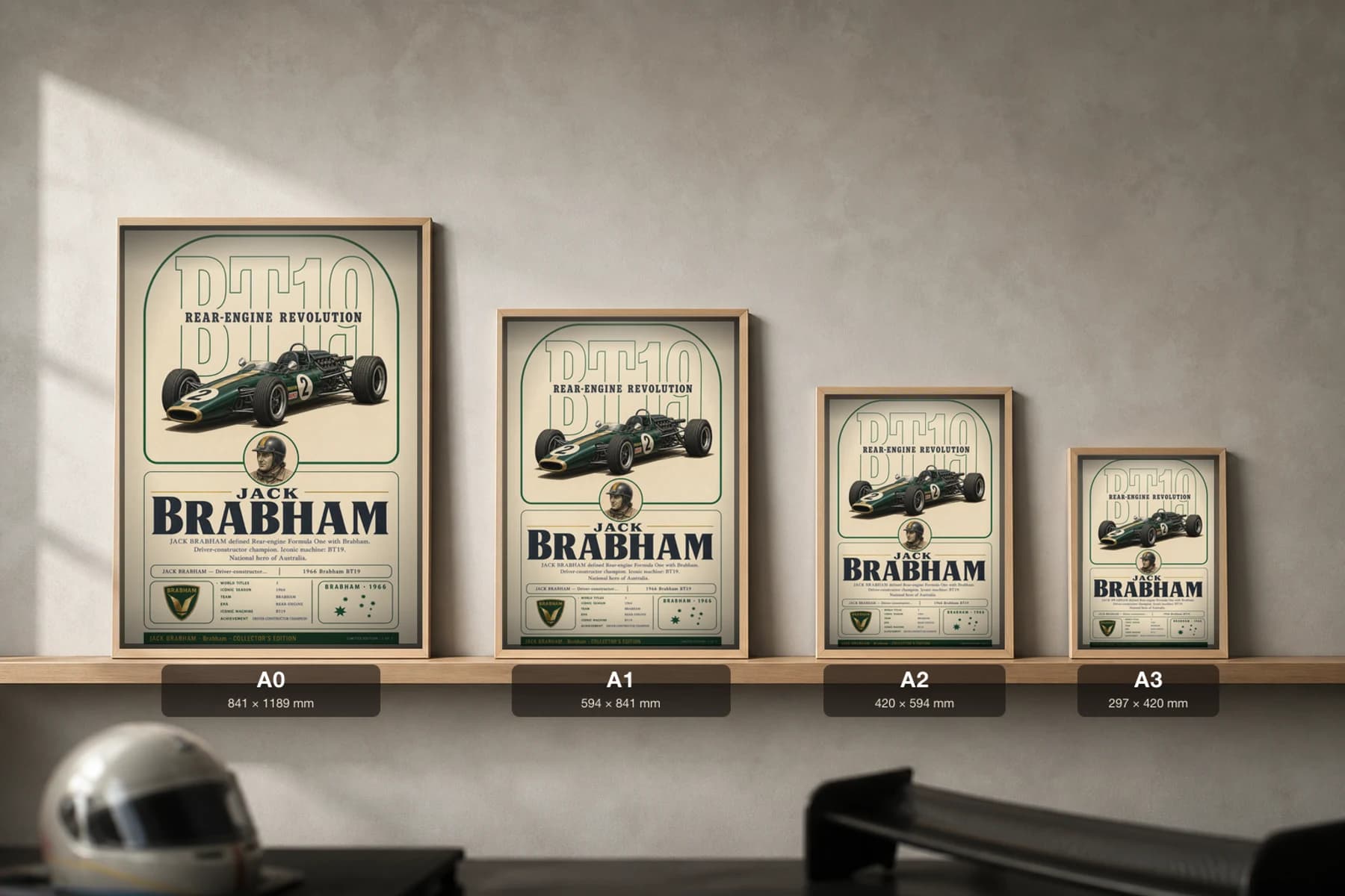 Jack Brabham Poster — 1966 Brabham BT19 Rear-Engine F1 Heritage Collector Print — print size guide showing the artwork at A0, A1, A2 and A3 in natural-oak frames at true relative scale
