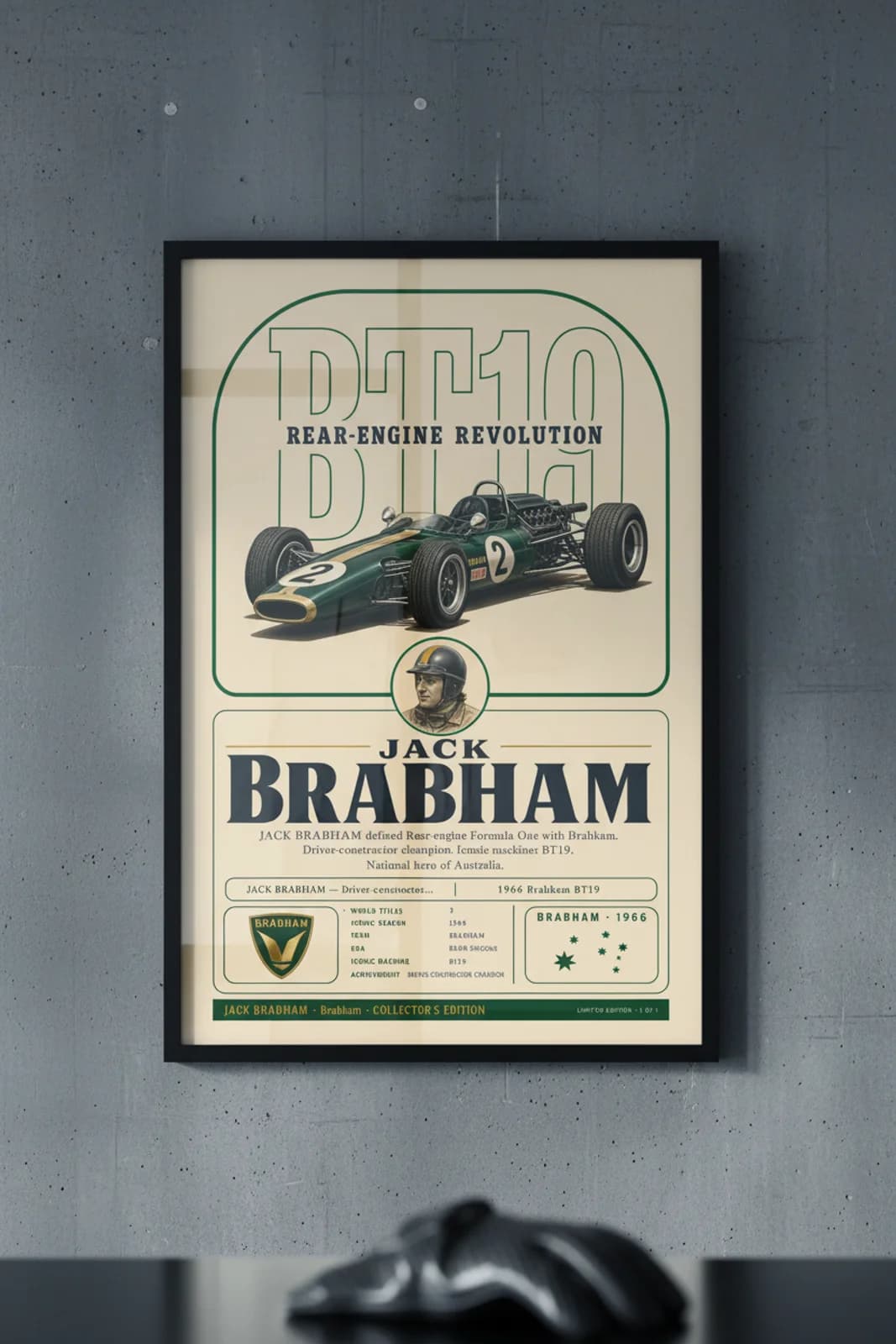 Jack Brabham poster in black A2 frame on southern-cross-navy polished concrete wall — F1 heritage collector mockup