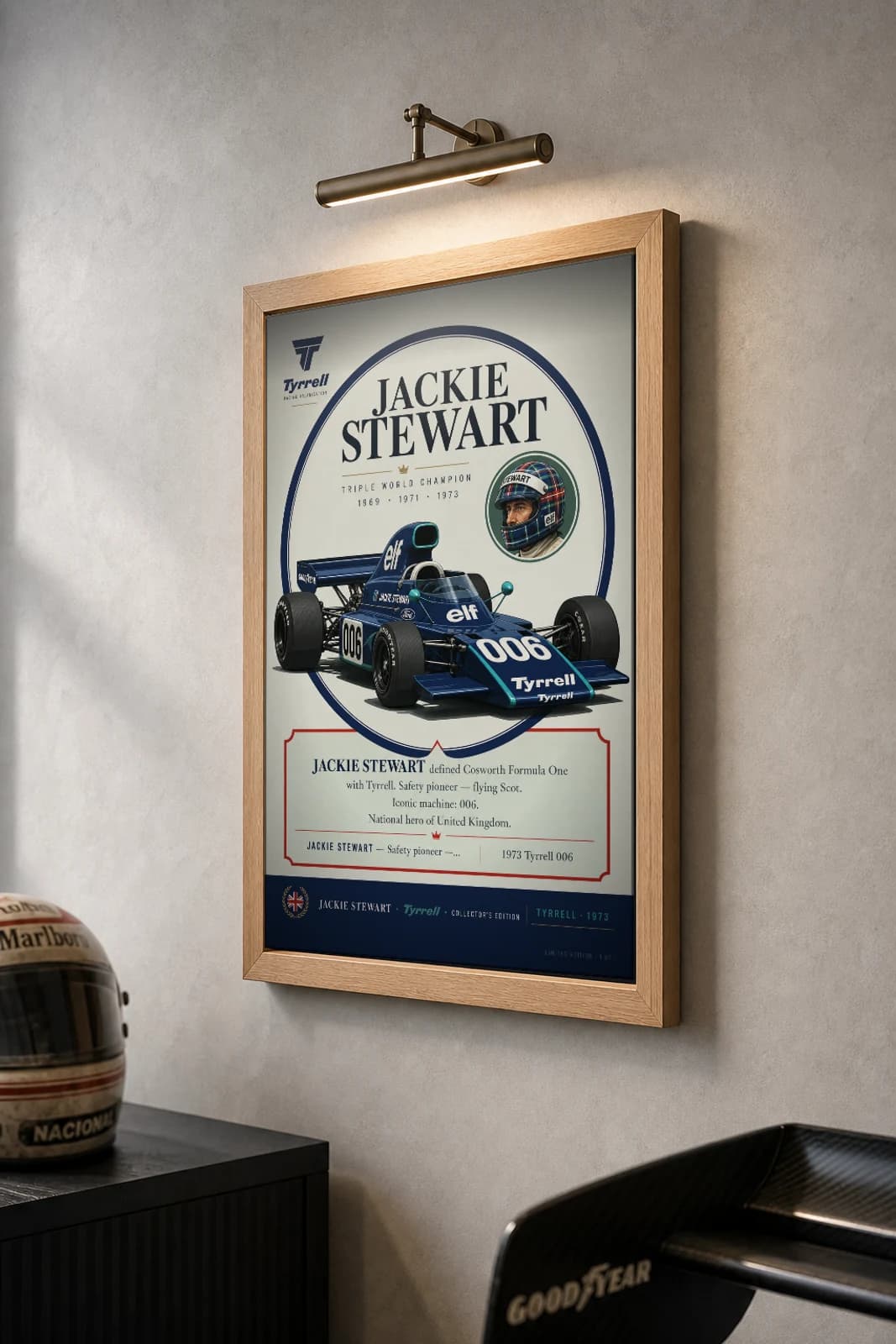 Jackie Stewart Poster — 1973 Tyrrell 006 Cosworth F1 Heritage Collector Print — the framed print shown at a three-quarter angle on a styled gallery wall in a natural-oak frame