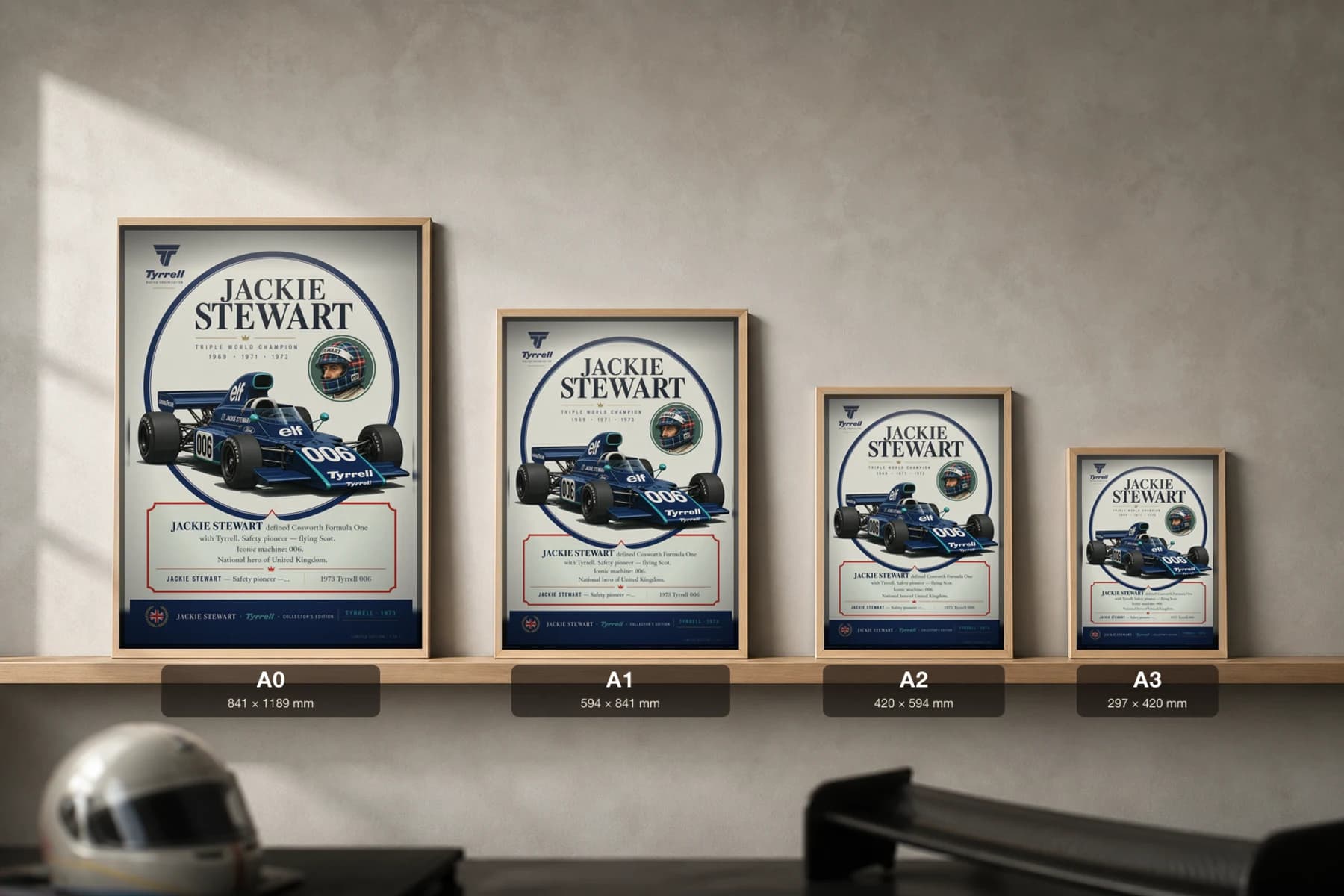 Jackie Stewart Poster — 1973 Tyrrell 006 Cosworth F1 Heritage Collector Print — print size guide showing the artwork at A0, A1, A2 and A3 in natural-oak frames at true relative scale