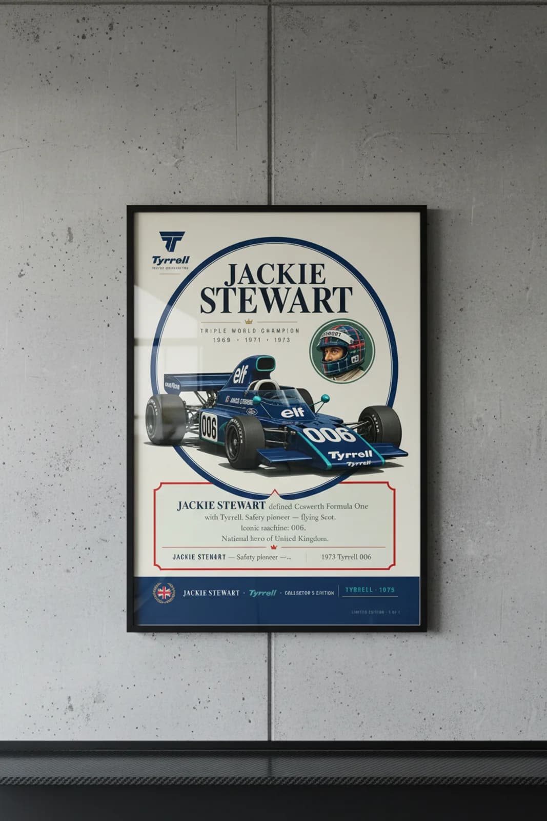 Jackie Stewart — F1 Heritage Collector poster in black A2 frame on tyrrell-elf-navy-blue polished concrete wall — F1 heritage collector mockup