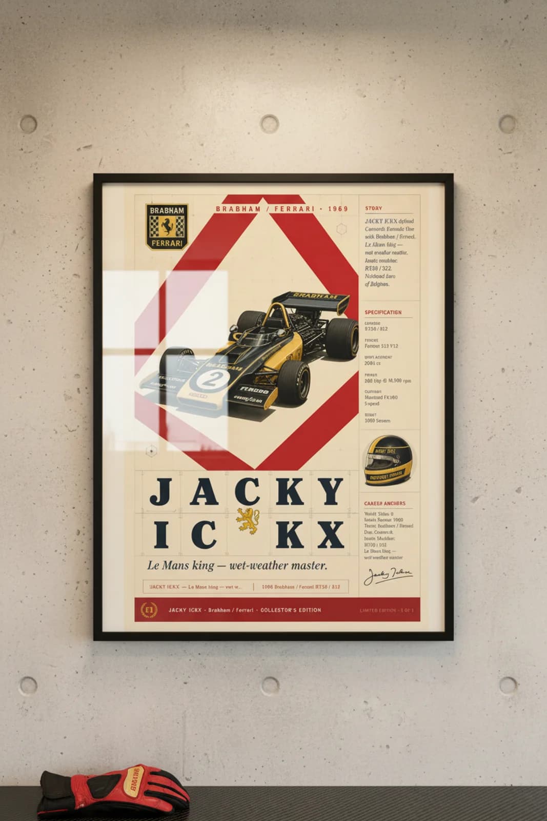 Jacky Ickx poster in black A2 frame on red-diamond-frame polished concrete wall — F1 heritage collector mockup