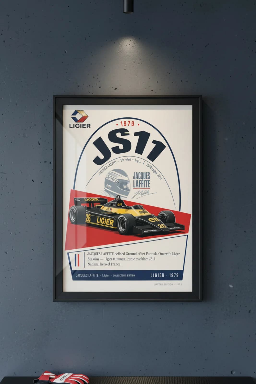 Jacques Laffite — F1 Heritage Collector poster in black A2 frame on navy-js11-watermark polished concrete wall — F1 heritage collector mockup