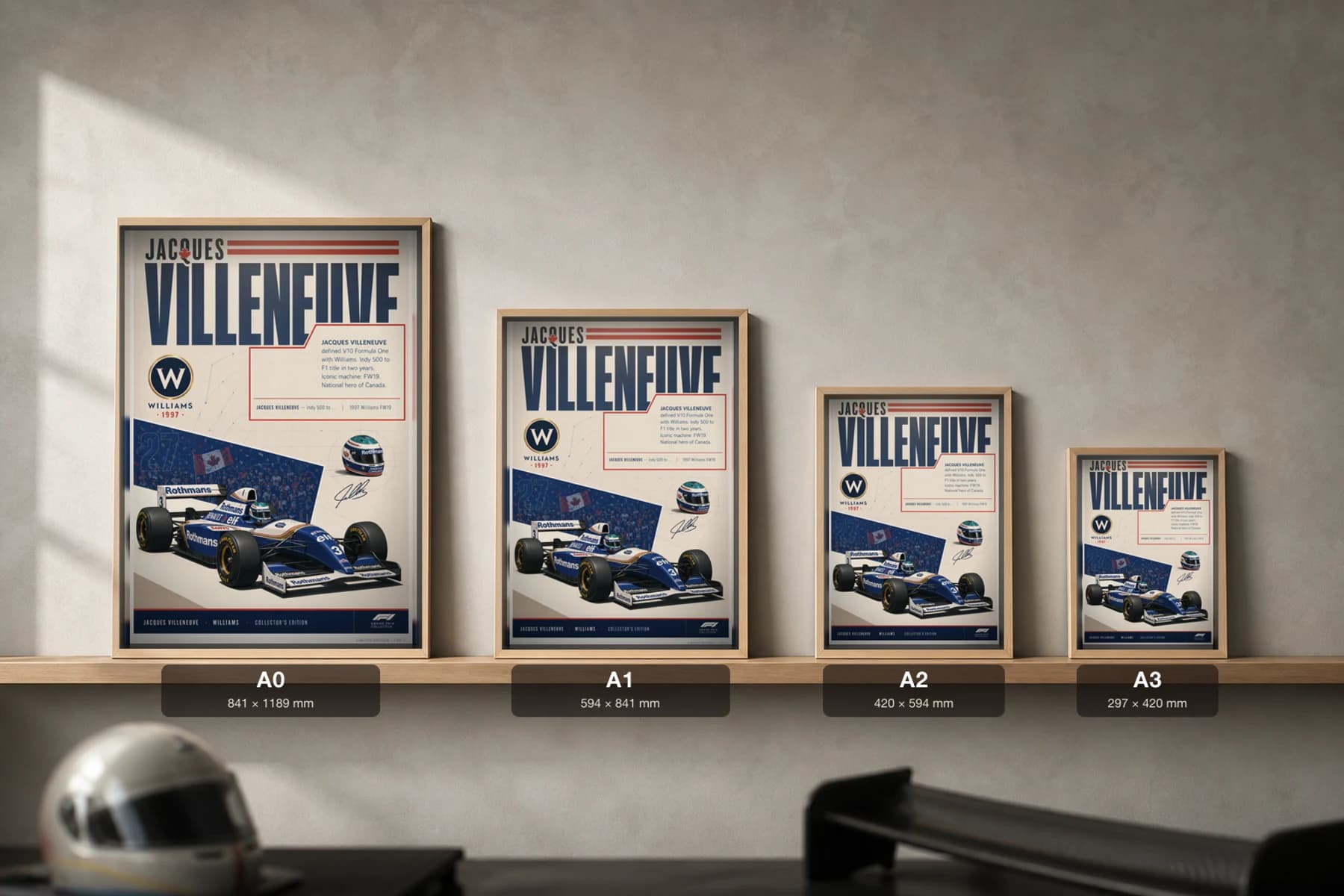 Jacques Villeneuve Poster — 1997 Williams FW19 V10 F1 Heritage Collector Print — print size guide showing the artwork at A0, A1, A2 and A3 in natural-oak frames at true relative scale