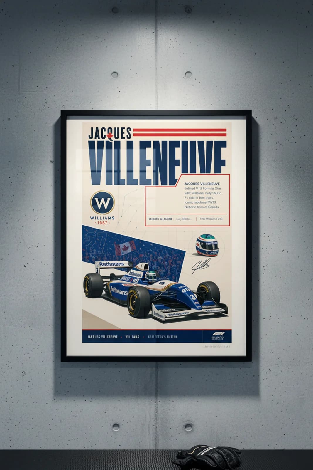Jacques Villeneuve poster in black A2 frame on rothmans-blue polished concrete wall — F1 heritage collector mockup