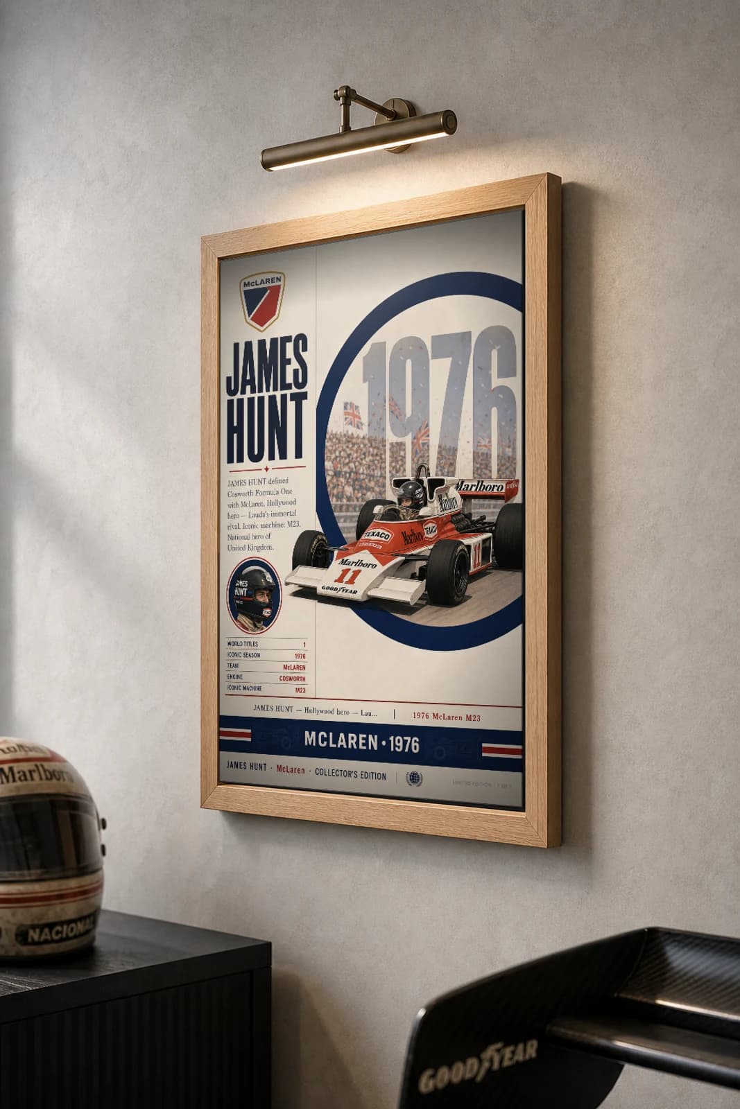 James Hunt Poster — 1976 McLaren M23 Rush Rivalry F1 Heritage Collector Print — the framed print shown at a three-quarter angle on a styled gallery wall in a natural-oak frame