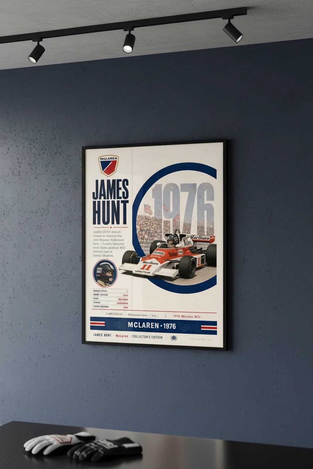 James Hunt poster in black A2 frame on navy-hunt-type polished concrete wall — F1 heritage collector mockup