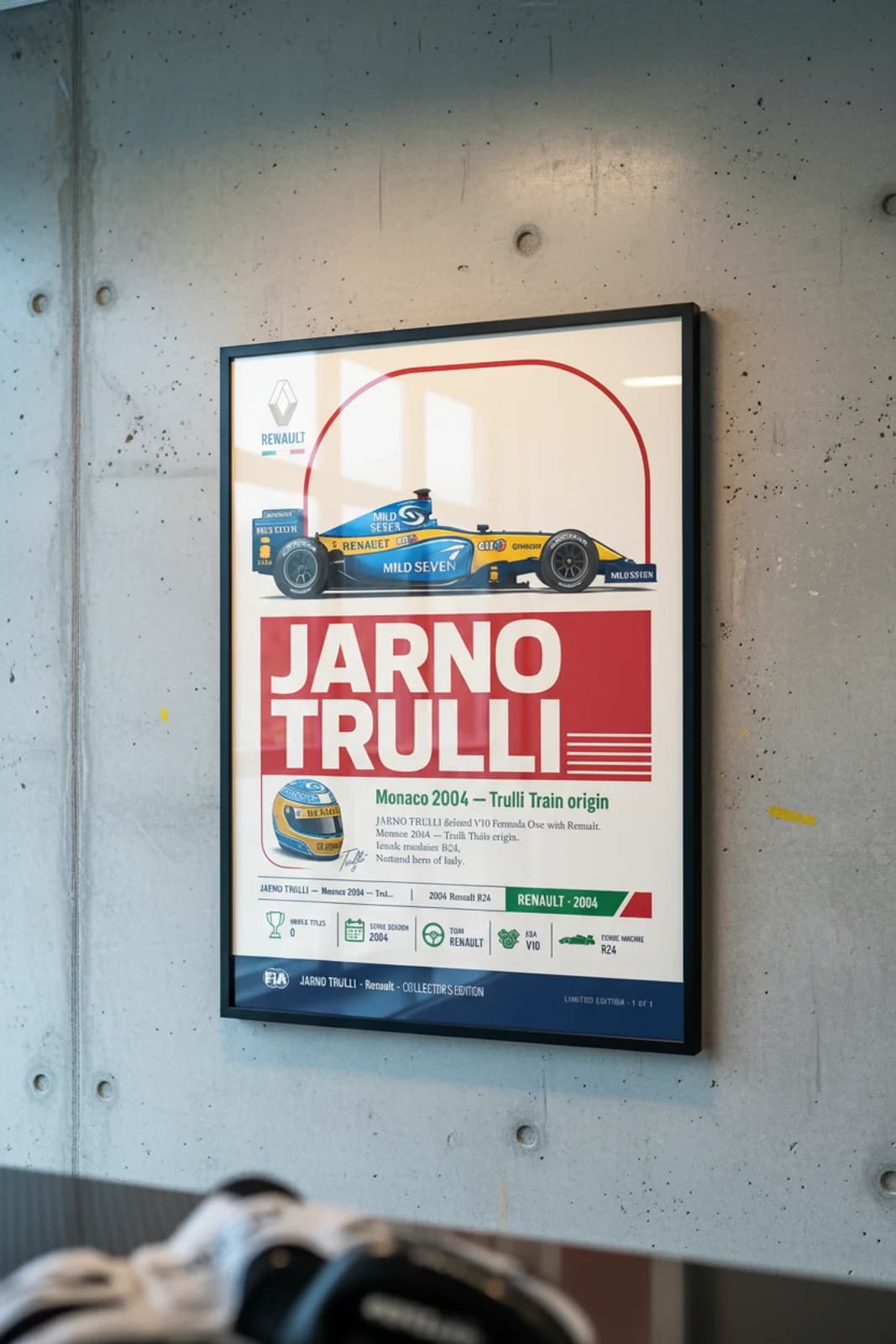 Jarno Trulli poster in black A2 frame on renault-blue-yellow polished concrete wall — F1 heritage collector mockup
