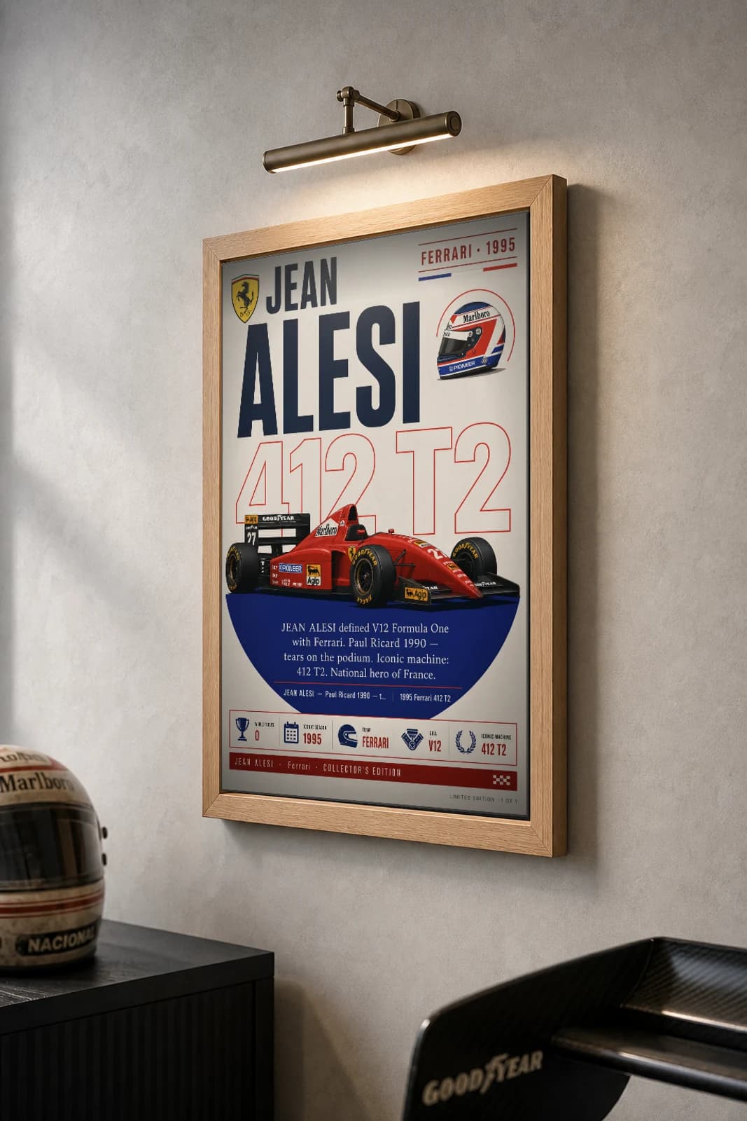 Jean Alesi Poster — 1995 Ferrari 412 T2 V12 F1 Heritage Collector Print — the framed print shown at a three-quarter angle on a styled gallery wall in a natural-oak frame