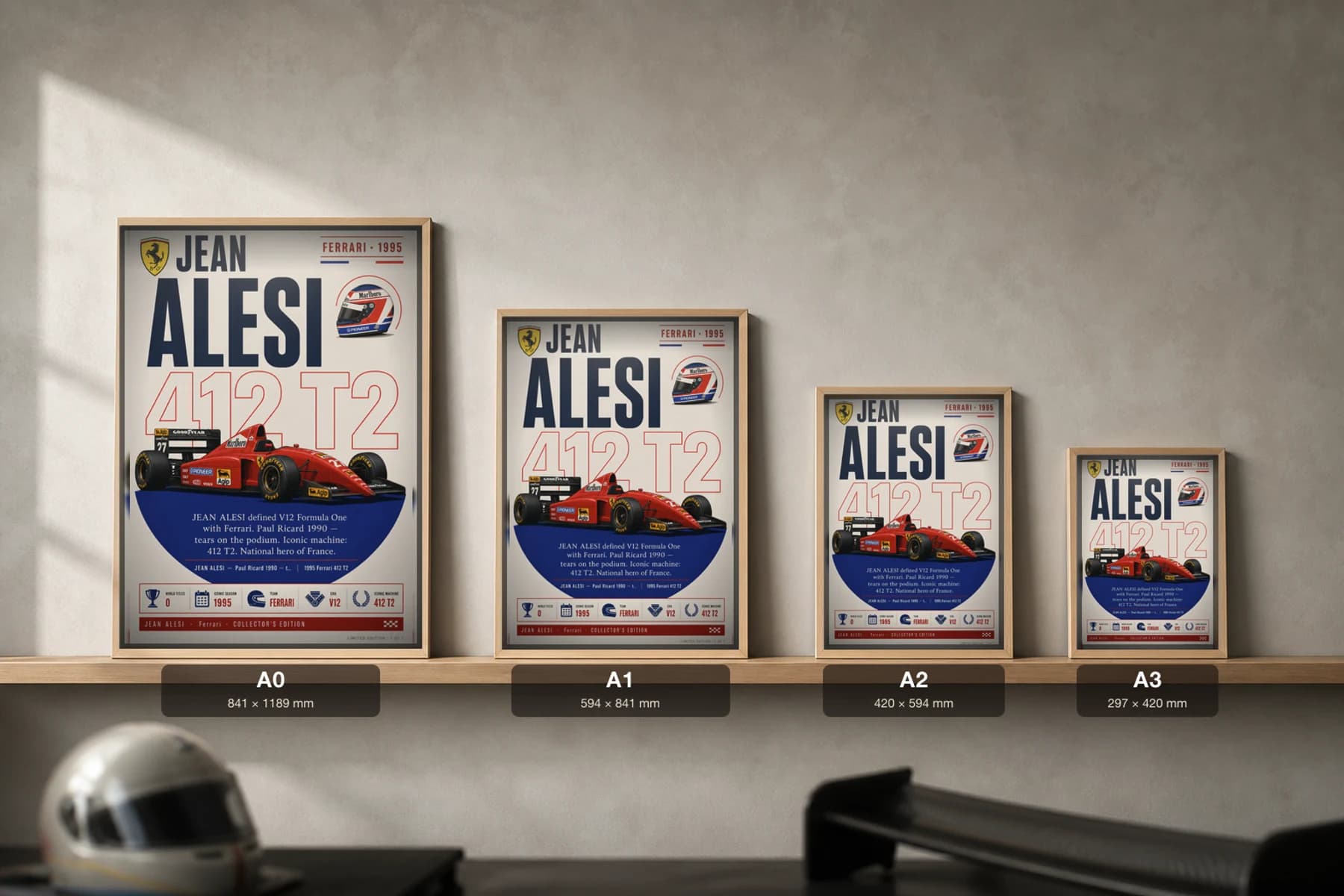 Jean Alesi Poster — 1995 Ferrari 412 T2 V12 F1 Heritage Collector Print — print size guide showing the artwork at A0, A1, A2 and A3 in natural-oak frames at true relative scale