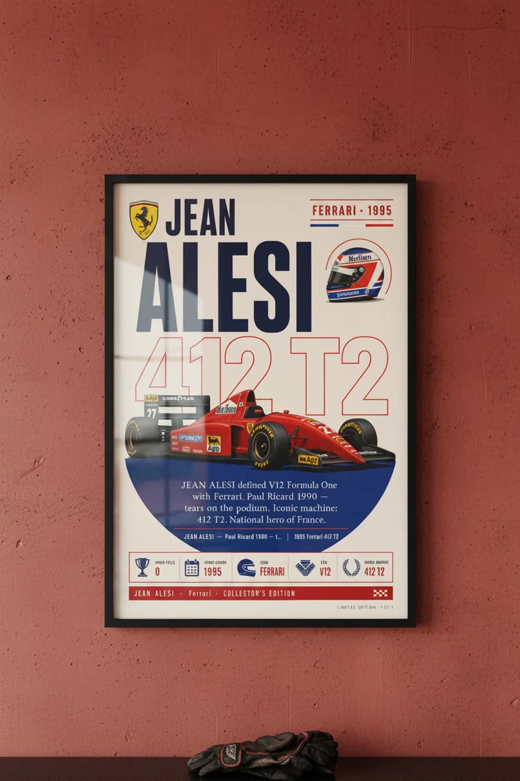 Jean Alesi poster in black A2 frame on rosso-corsa-red polished concrete wall — F1 heritage collector mockup