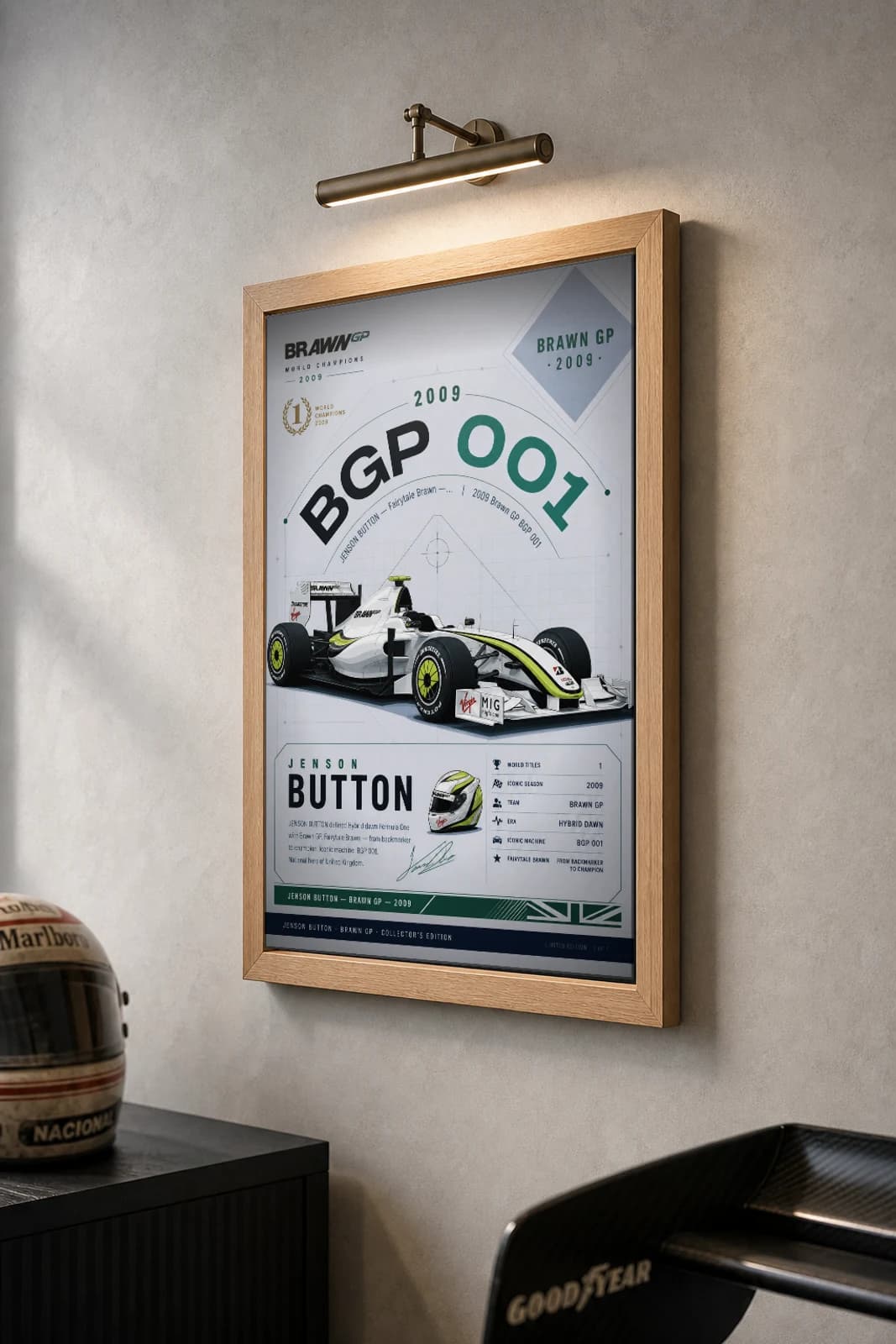 Jenson Button Poster — 2009 Brawn GP BGP 001 Hybrid Dawn F1 Heritage Collector Print — the framed print shown at a three-quarter angle on a styled gallery wall in a natural-oak frame