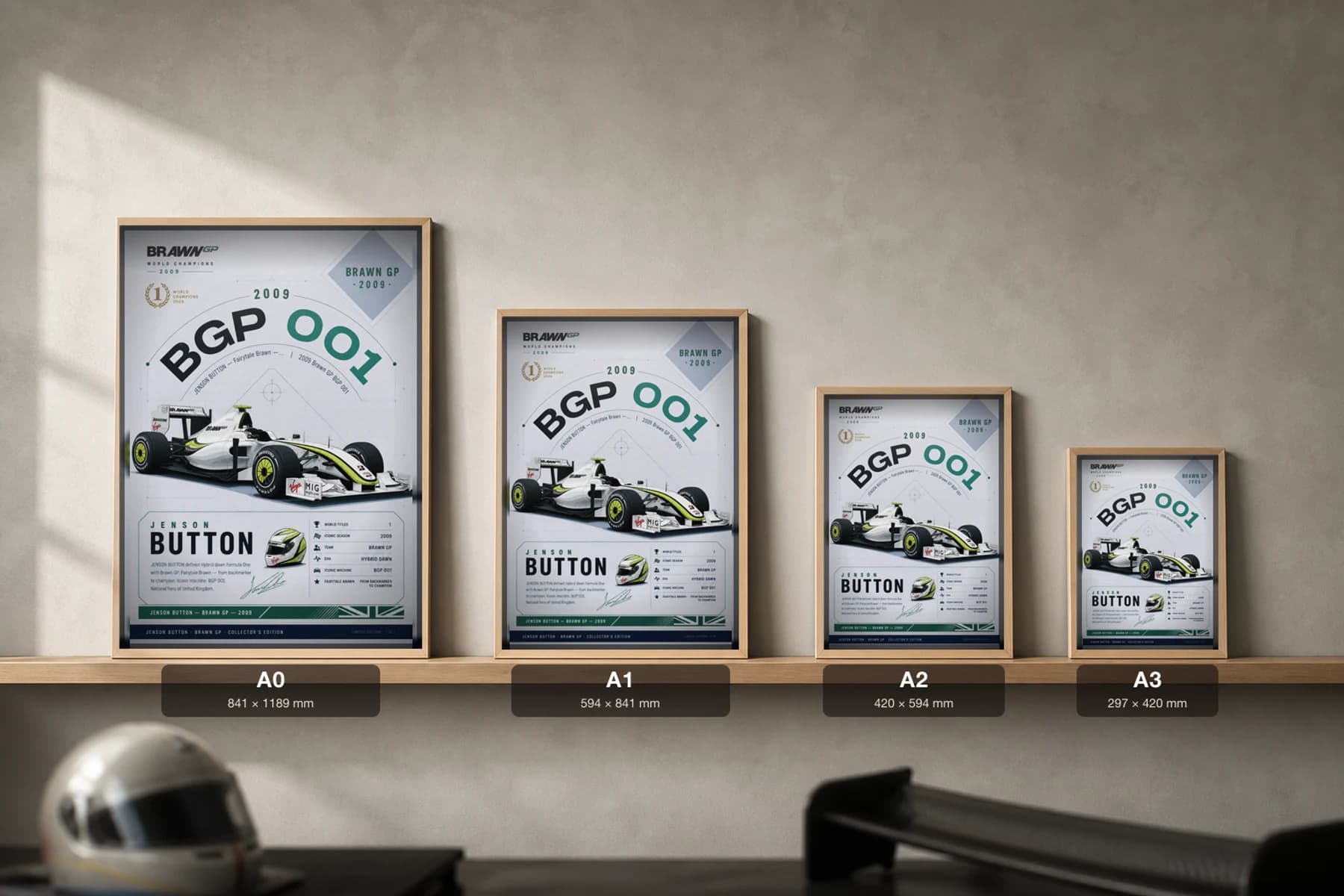 Jenson Button Poster — 2009 Brawn GP BGP 001 Hybrid Dawn F1 Heritage Collector Print — print size guide showing the artwork at A0, A1, A2 and A3 in natural-oak frames at true relative scale