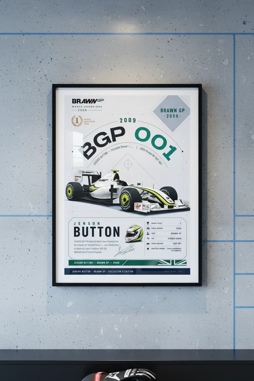 Jenson Button poster in black A2 frame on light-blue-grid-texture polished concrete wall — F1 heritage collector mockup