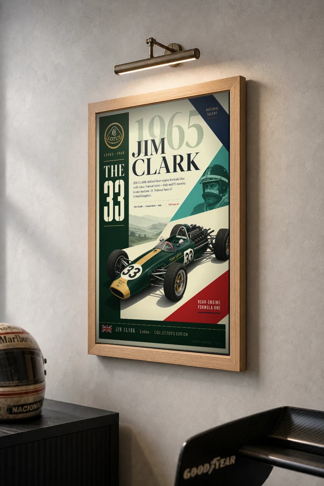 Jim Clark Poster — 1965 Lotus 33 Rear-Engine F1 Heritage Collector Print — the framed print shown at a three-quarter angle on a styled gallery wall in a natural-oak frame