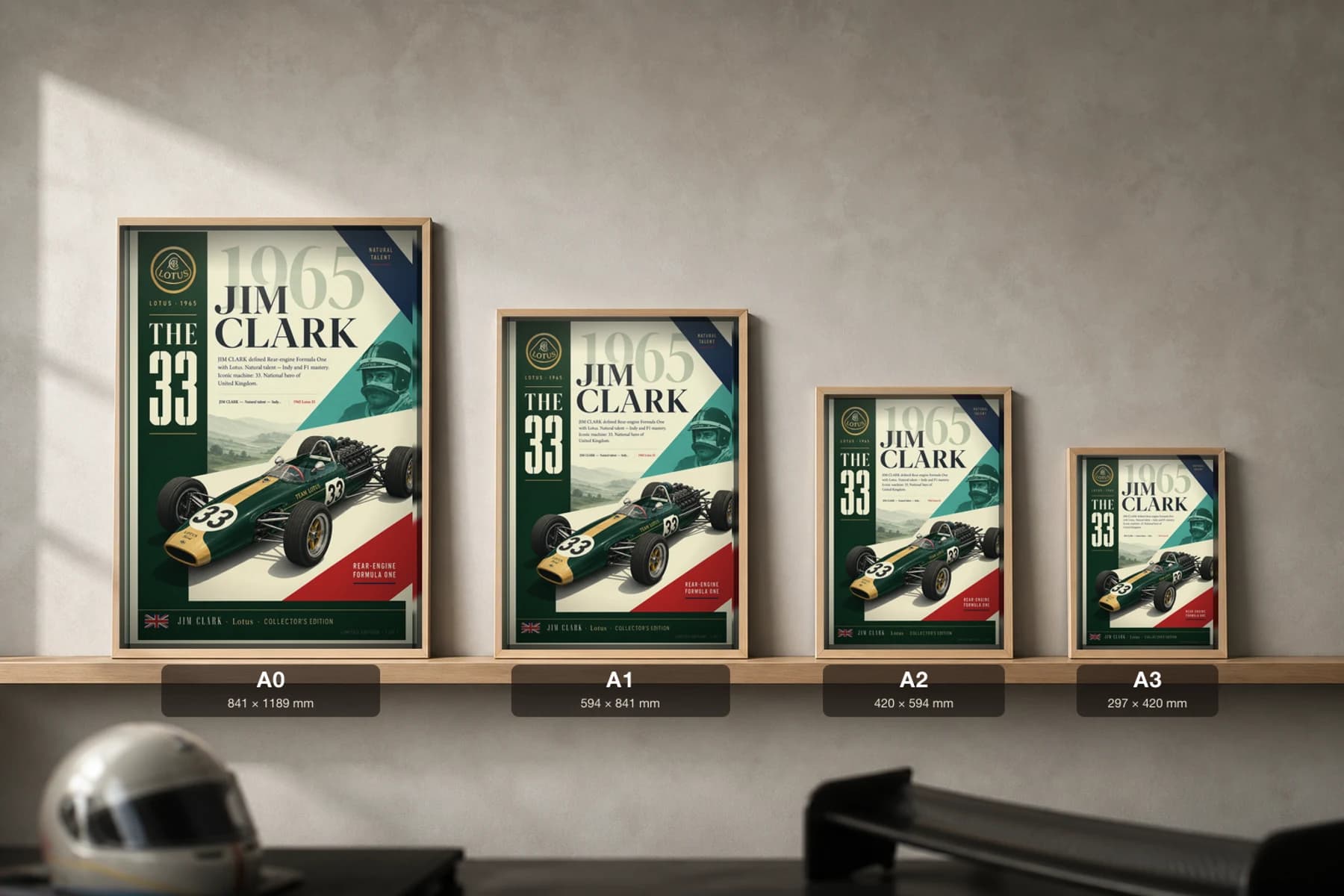 Jim Clark Poster — 1965 Lotus 33 Rear-Engine F1 Heritage Collector Print — print size guide showing the artwork at A0, A1, A2 and A3 in natural-oak frames at true relative scale