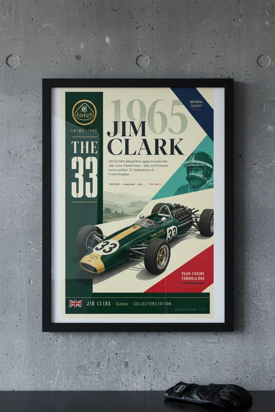 Jim Clark poster in black A2 frame on carbon-navy-accent polished concrete wall — F1 heritage collector mockup