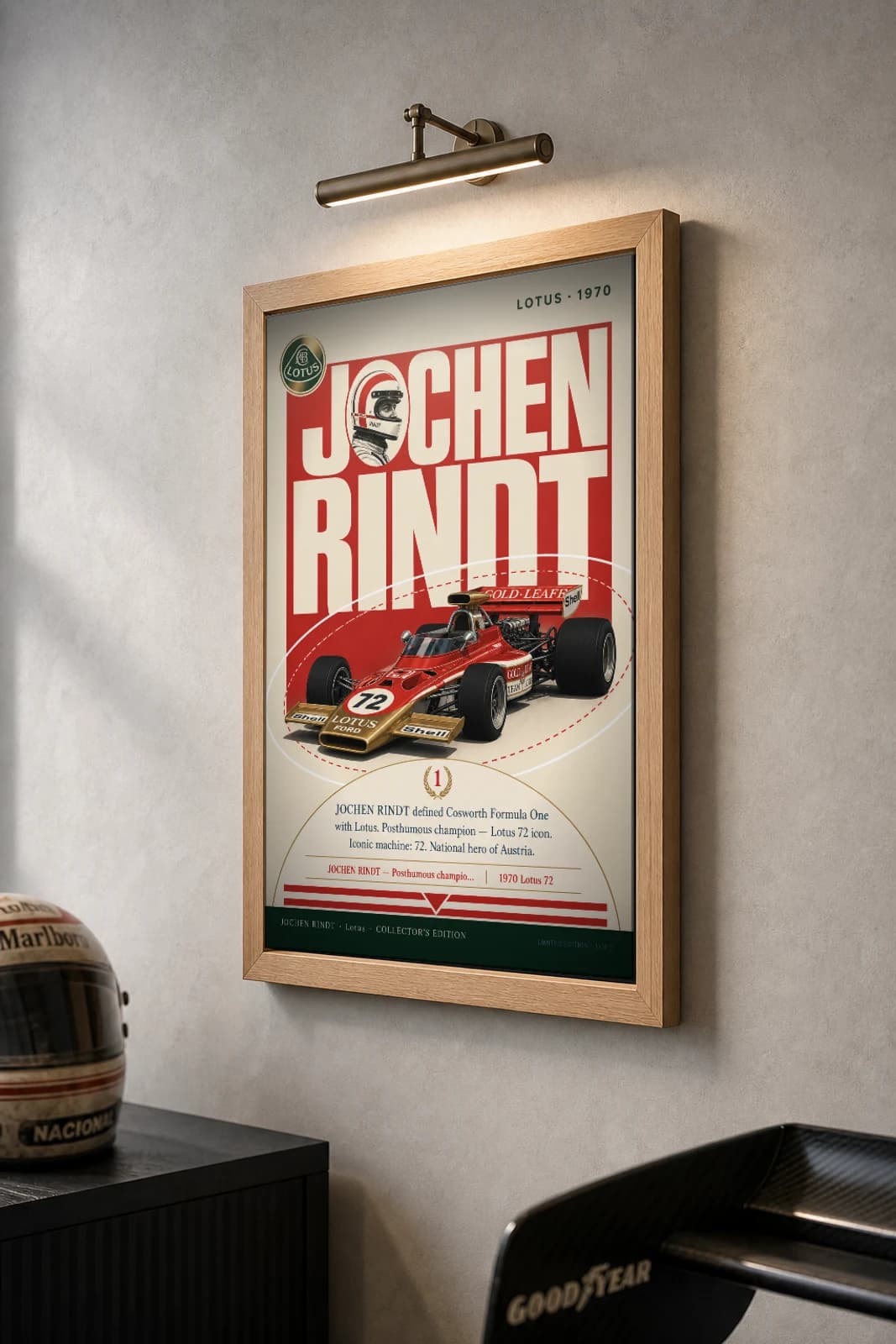 Jochen Rindt Poster — 1970 Lotus 72 Cosworth F1 Heritage Collector Print — the framed print shown at a three-quarter angle on a styled gallery wall in a natural-oak frame