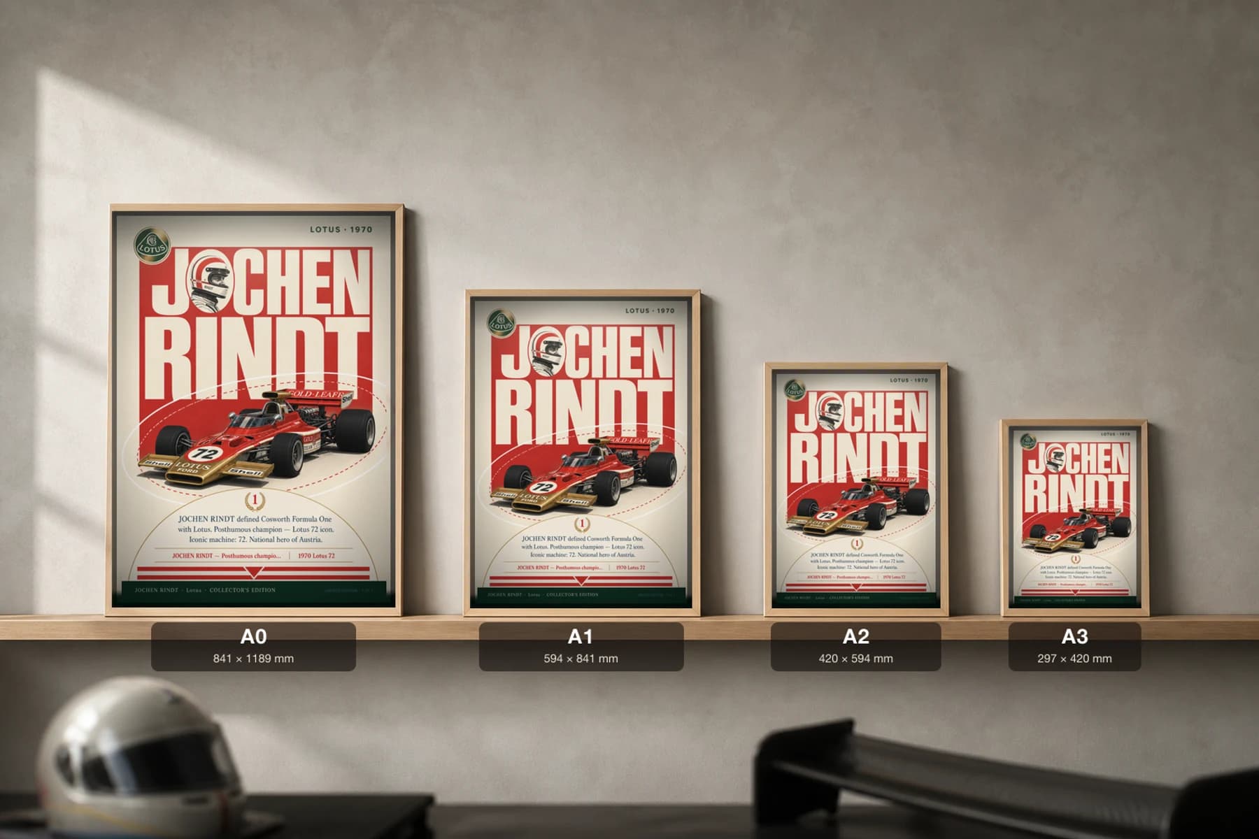 Jochen Rindt Poster — 1970 Lotus 72 Cosworth F1 Heritage Collector Print — print size guide showing the artwork at A0, A1, A2 and A3 in natural-oak frames at true relative scale