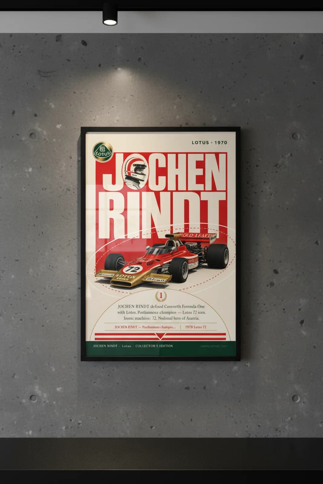 Jochen Rindt — F1 Heritage Collector poster in black A2 frame on charcoal-sidebar-spine polished concrete wall — F1 heritage collector mockup