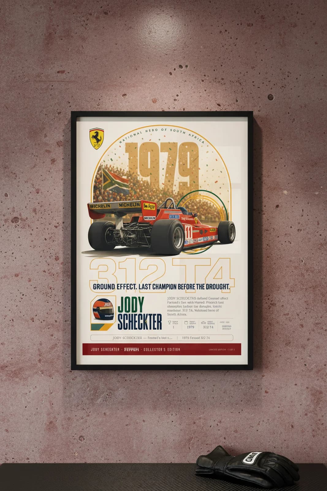 Jody Scheckter — F1 Heritage Collector poster in black A2 frame on rosso-corsa polished concrete wall — F1 heritage collector mockup