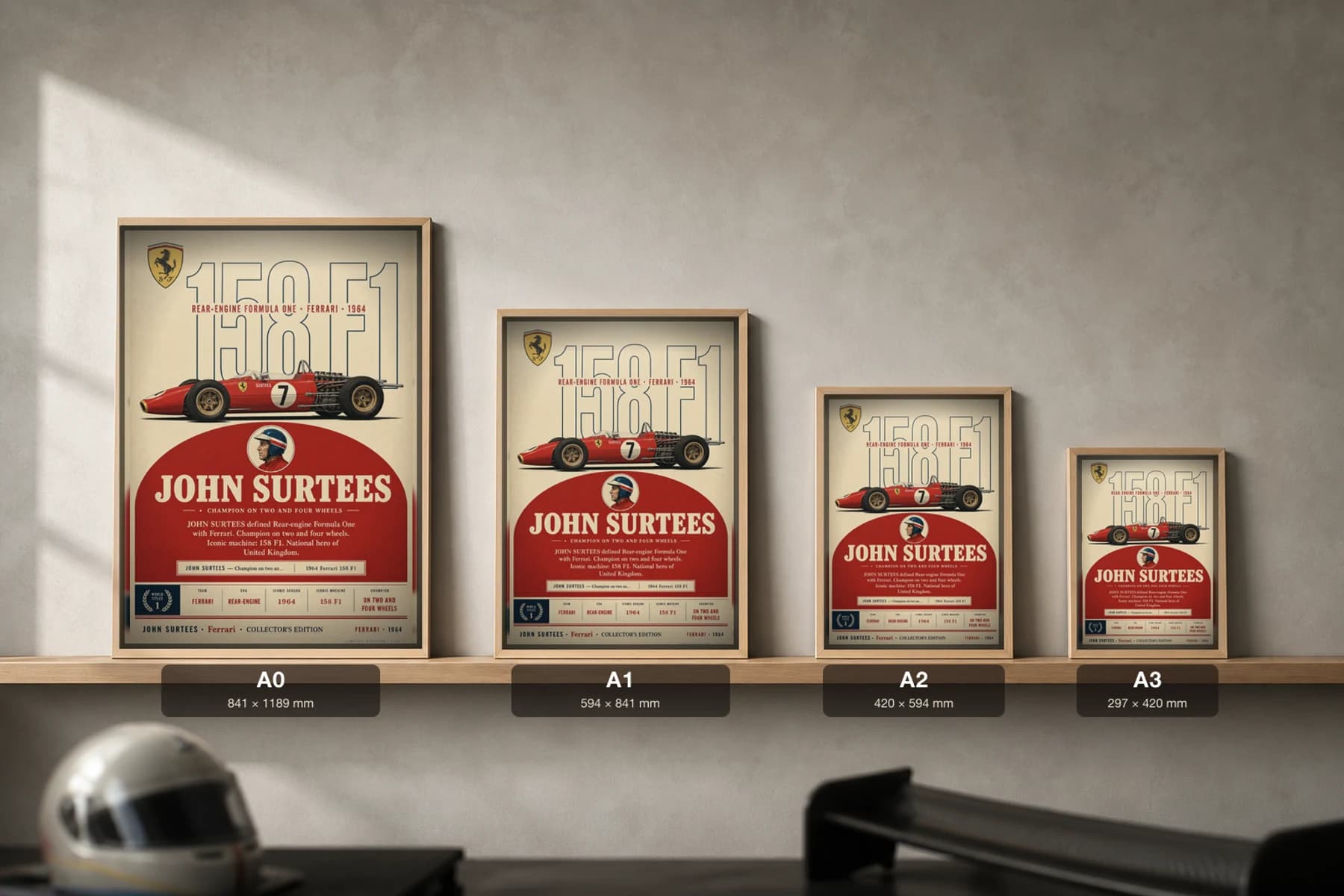 John Surtees Poster — 1964 Ferrari 158 F1 Two-and-Four-Wheel Heritage Collector Print — print size guide showing the artwork at A0, A1, A2 and A3 in natural-oak frames at true relative scale