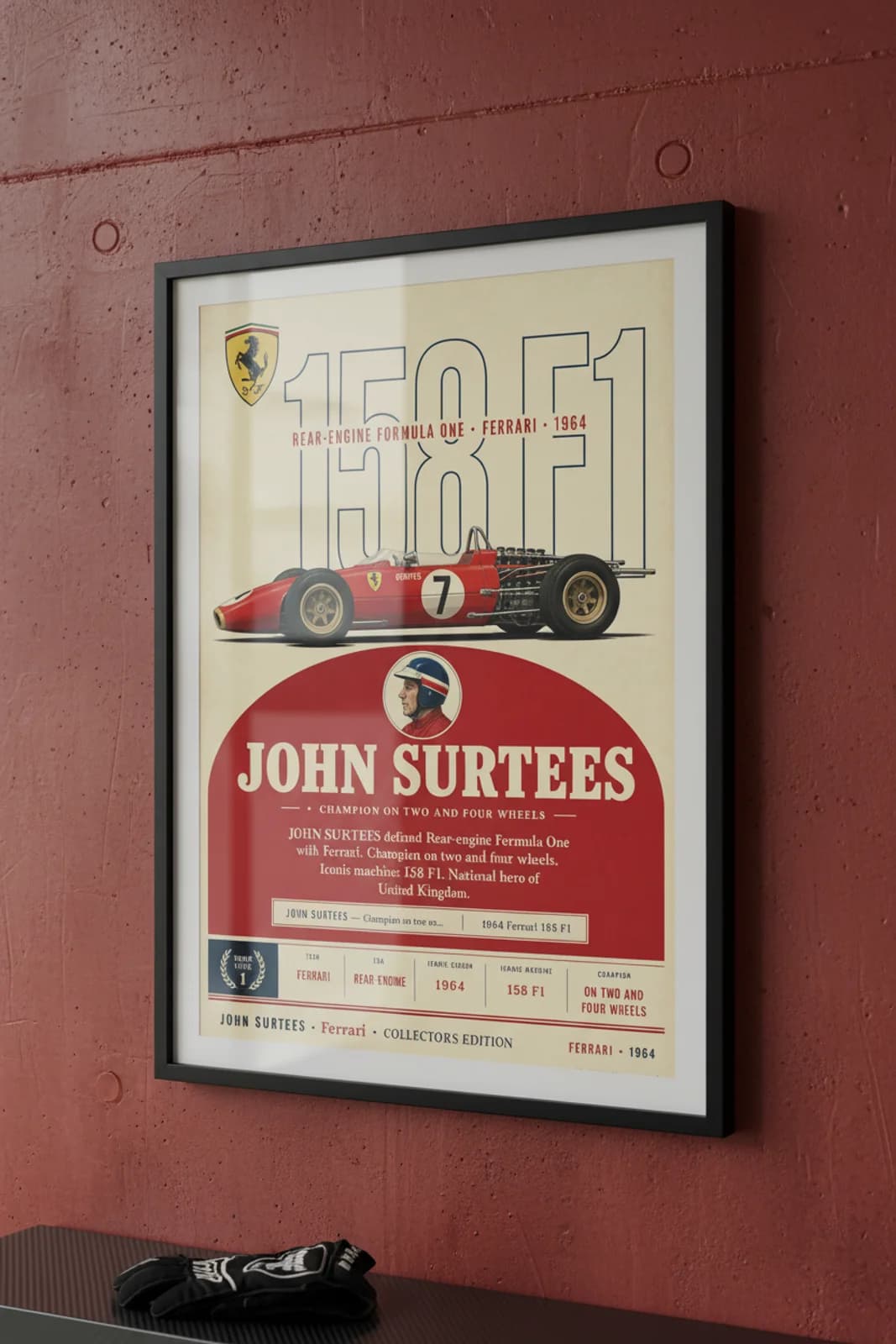 John Surtees poster in black A2 frame on rosso-corsa-red polished concrete wall — F1 heritage collector mockup