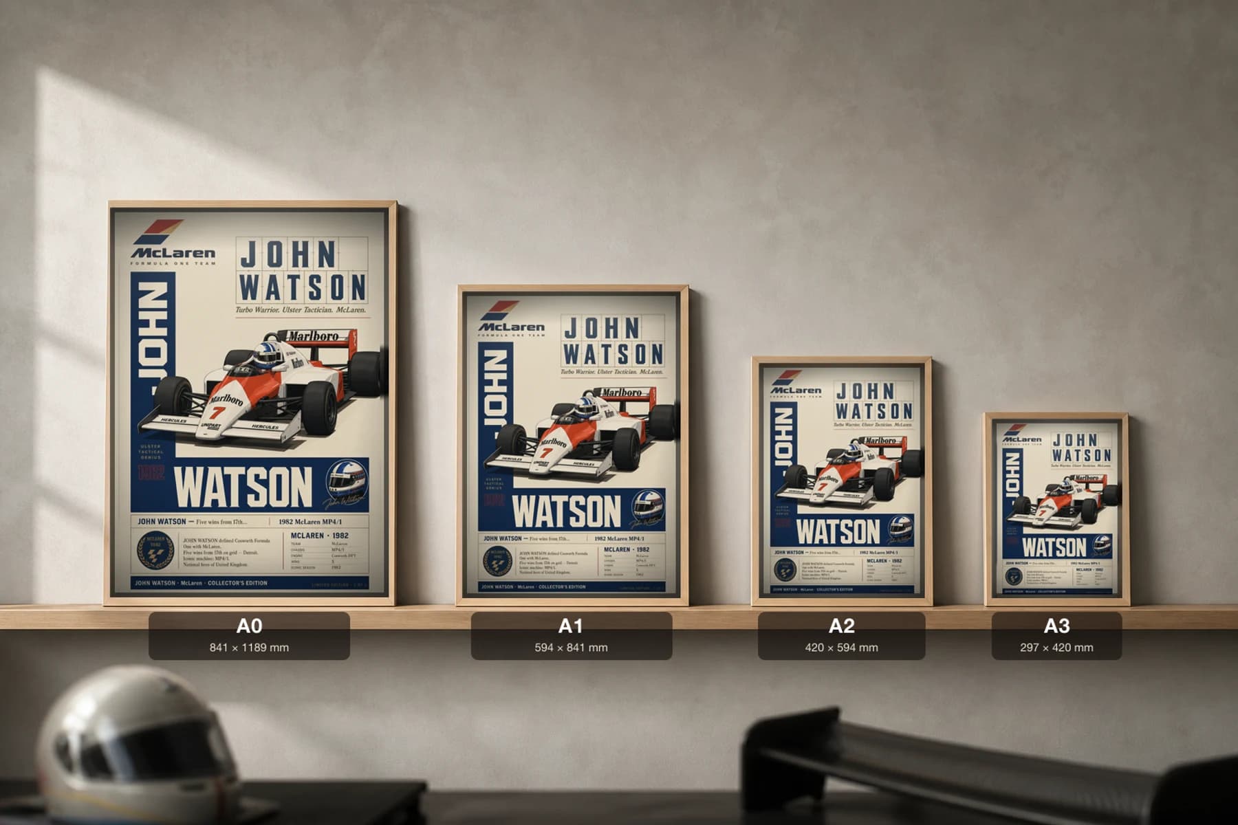 John Watson Poster — 1982 McLaren MP4/1 Cosworth F1 Heritage Collector Print — print size guide showing the artwork at A0, A1, A2 and A3 in natural-oak frames at true relative scale