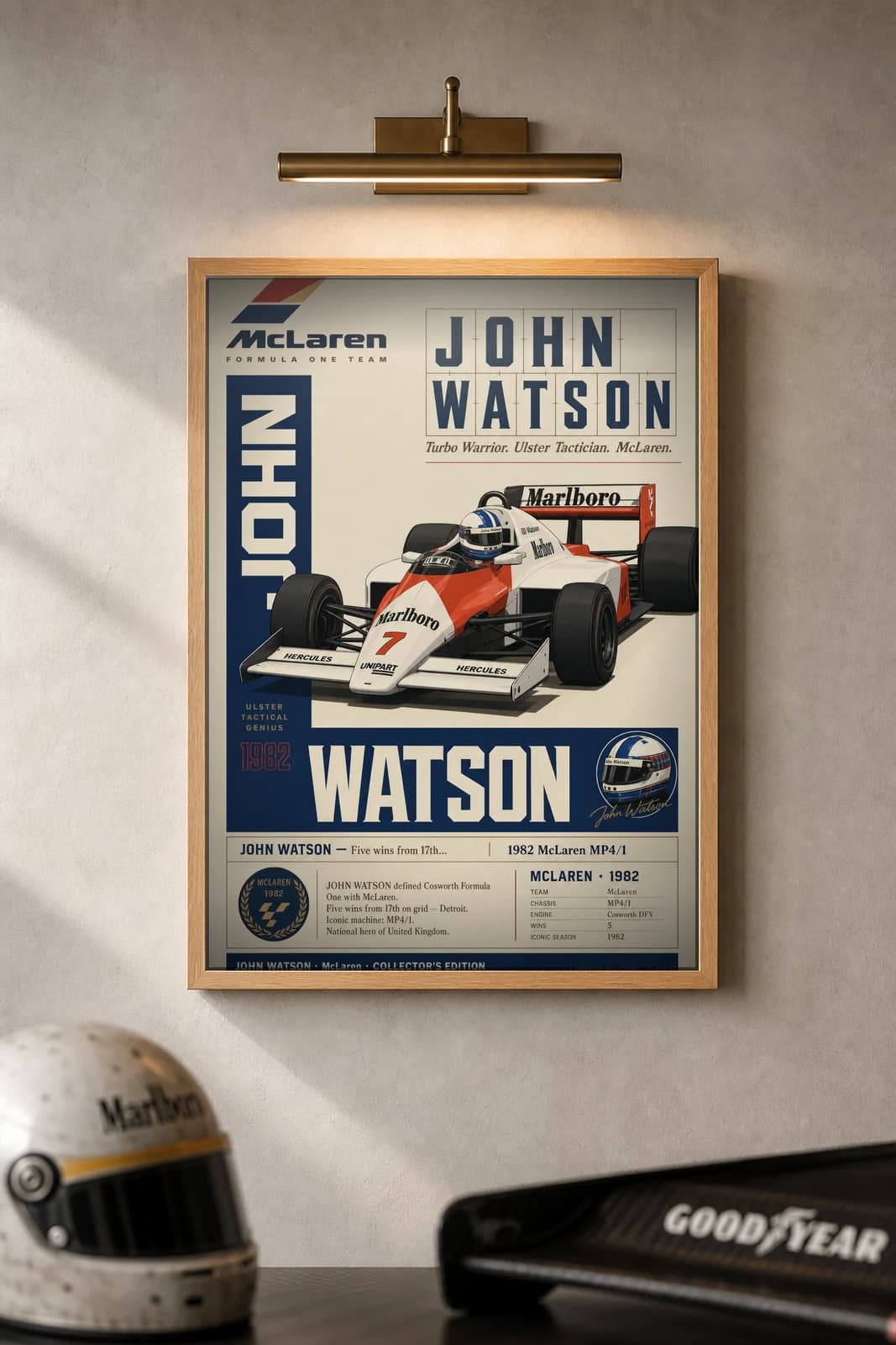 John Watson poster in black A2 frame on dark-navy-sidebar polished concrete wall — F1 heritage collector mockup
