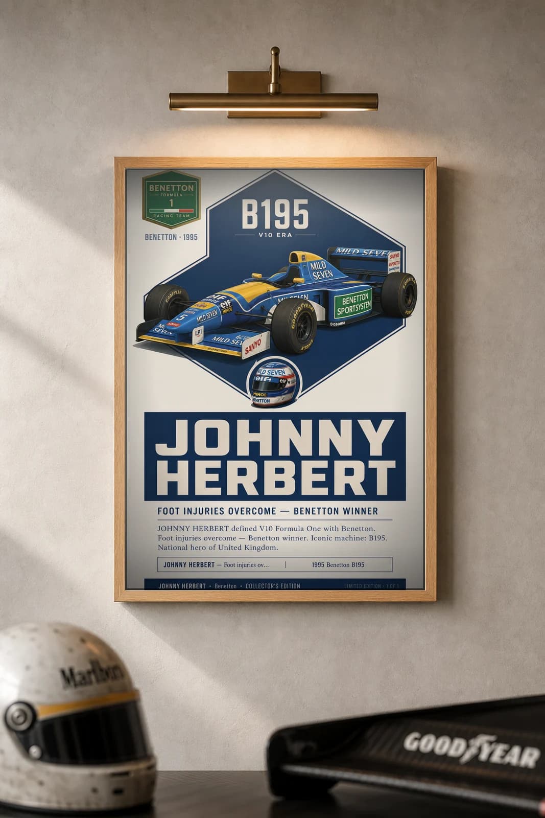 Johnny Herbert poster in black A2 frame on dark-navy-geometric-block polished concrete wall — F1 heritage collector mockup