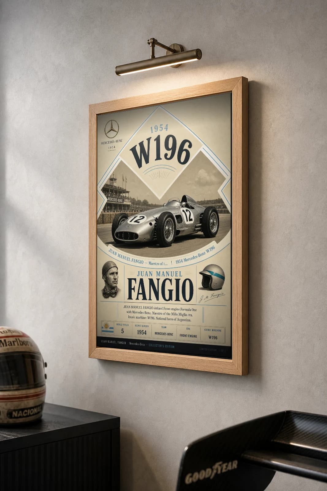 Juan Manuel Fangio Poster — 1954 W196 Front-engine F1 Heritage Collector Print — the framed print shown at a three-quarter angle on a styled gallery wall in a natural-oak frame