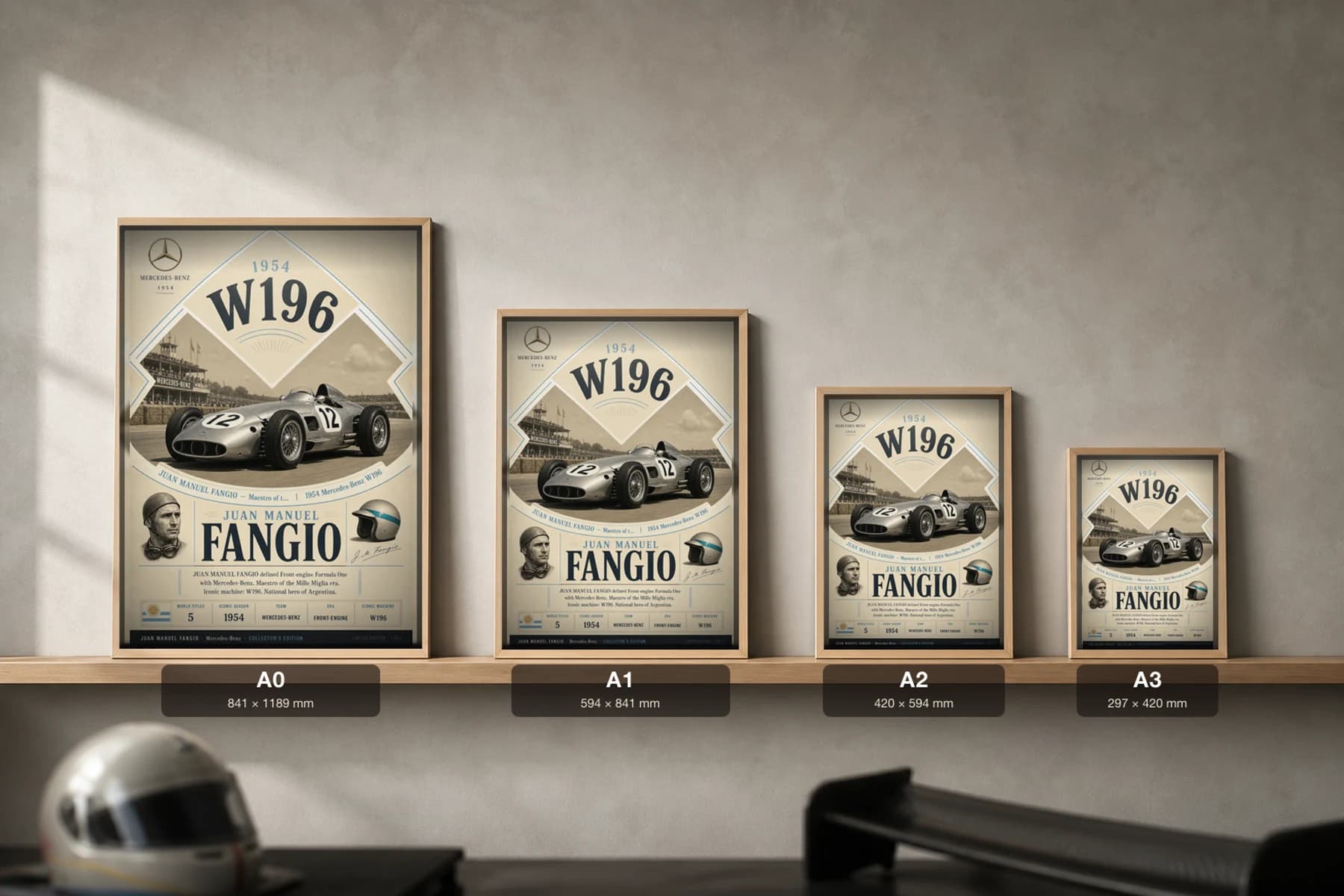 Juan Manuel Fangio Poster — 1954 W196 Front-engine F1 Heritage Collector Print — print size guide showing the artwork at A0, A1, A2 and A3 in natural-oak frames at true relative scale