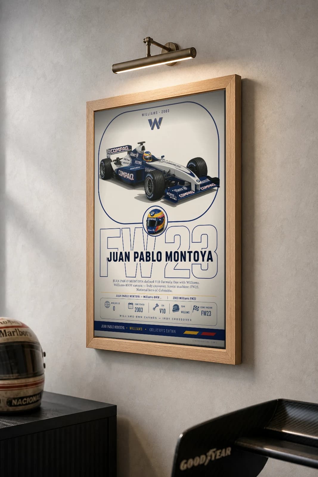 Juan Pablo Montoya Poster — 2003 Williams FW23 V10 F1 Heritage Collector Print — the framed print shown at a three-quarter angle on a styled gallery wall in a natural-oak frame