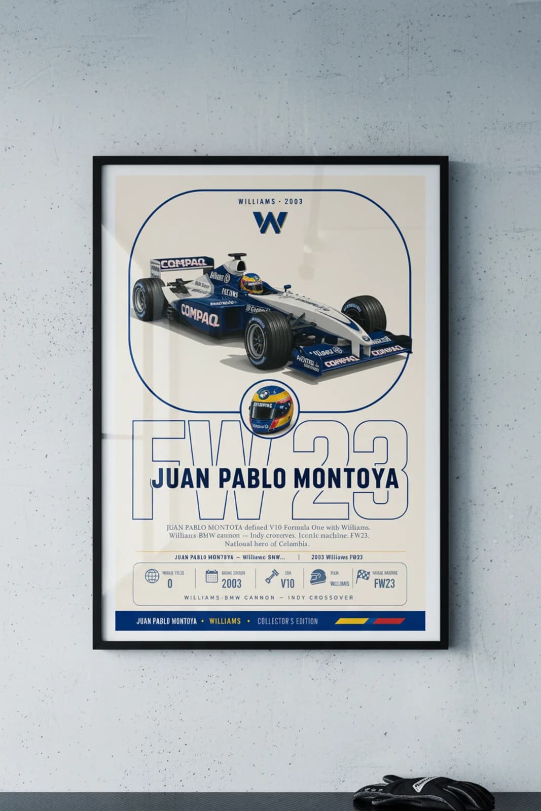 Juan Pablo Montoya poster in black A2 frame on williams-white-blue polished concrete wall — F1 heritage collector mockup