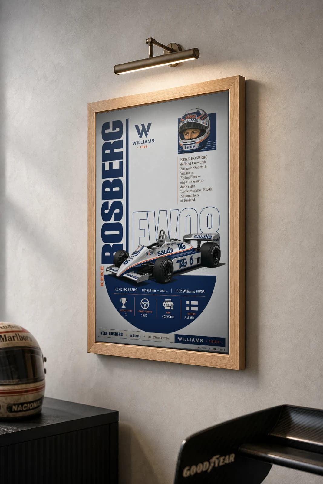 Keke Rosberg Poster — 1982 Williams FW08 Cosworth Era F1 Heritage Collector Print — the framed print shown at a three-quarter angle on a styled gallery wall in a natural-oak frame
