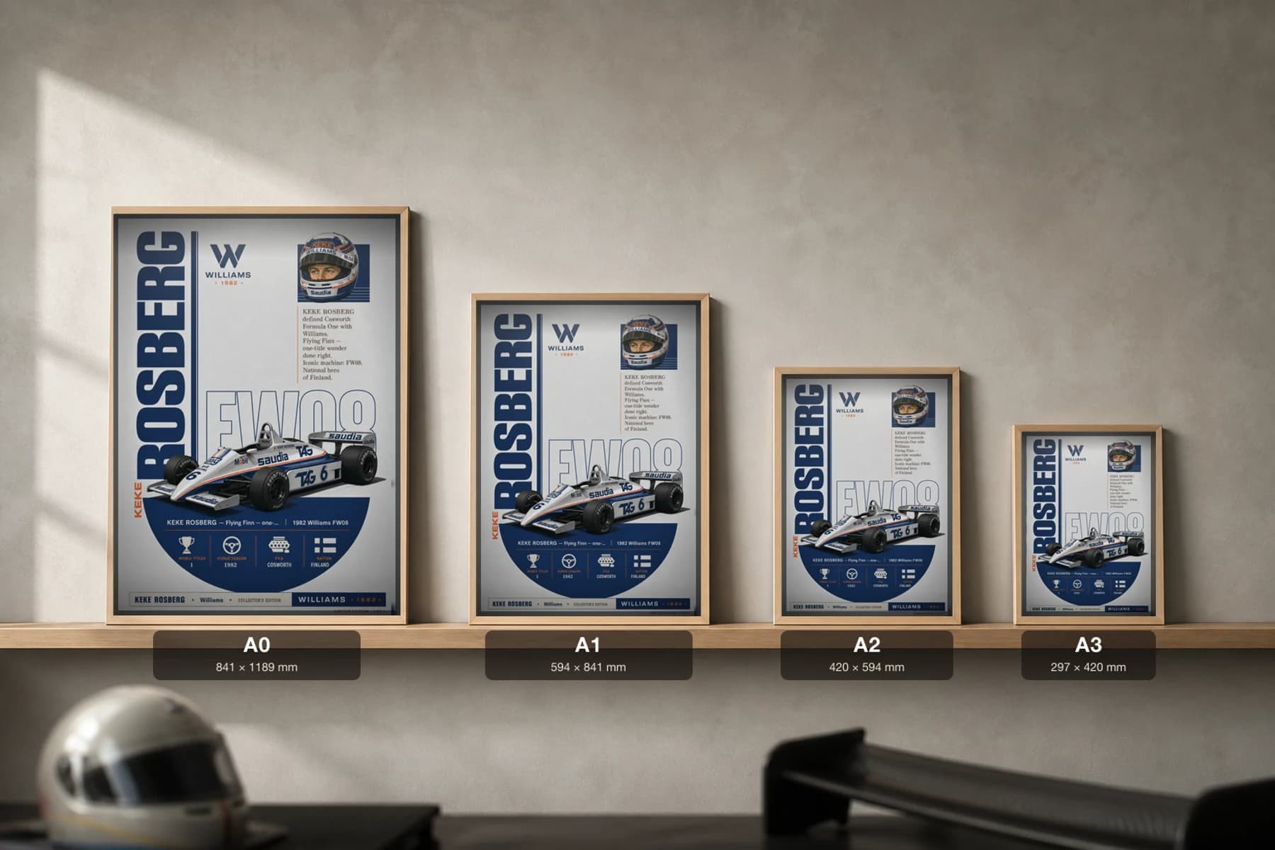 Keke Rosberg Poster — 1982 Williams FW08 Cosworth Era F1 Heritage Collector Print — print size guide showing the artwork at A0, A1, A2 and A3 in natural-oak frames at true relative scale