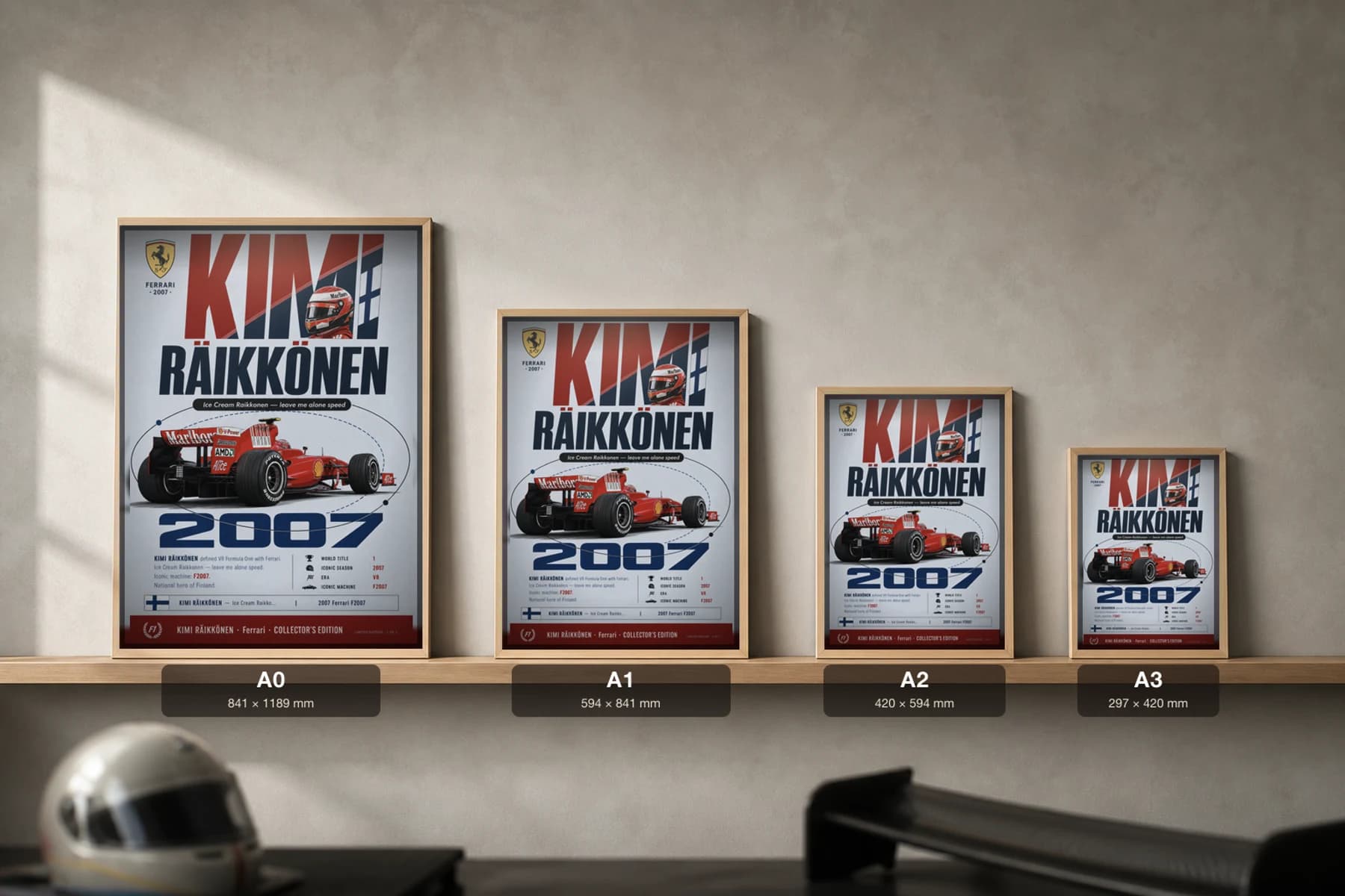 Kimi Räikkönen Poster — 2007 Ferrari F2007 V8 F1 Heritage Collector Print — print size guide showing the artwork at A0, A1, A2 and A3 in natural-oak frames at true relative scale
