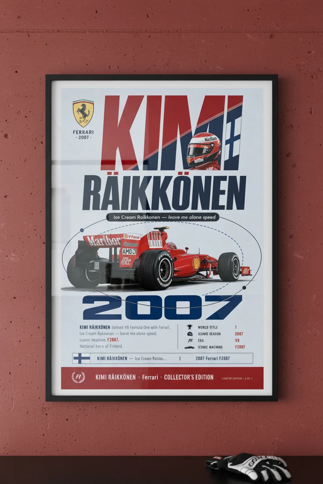 Kimi Räikkönen poster in black A2 frame on rosso-corsa-red polished concrete wall — F1 heritage collector mockup