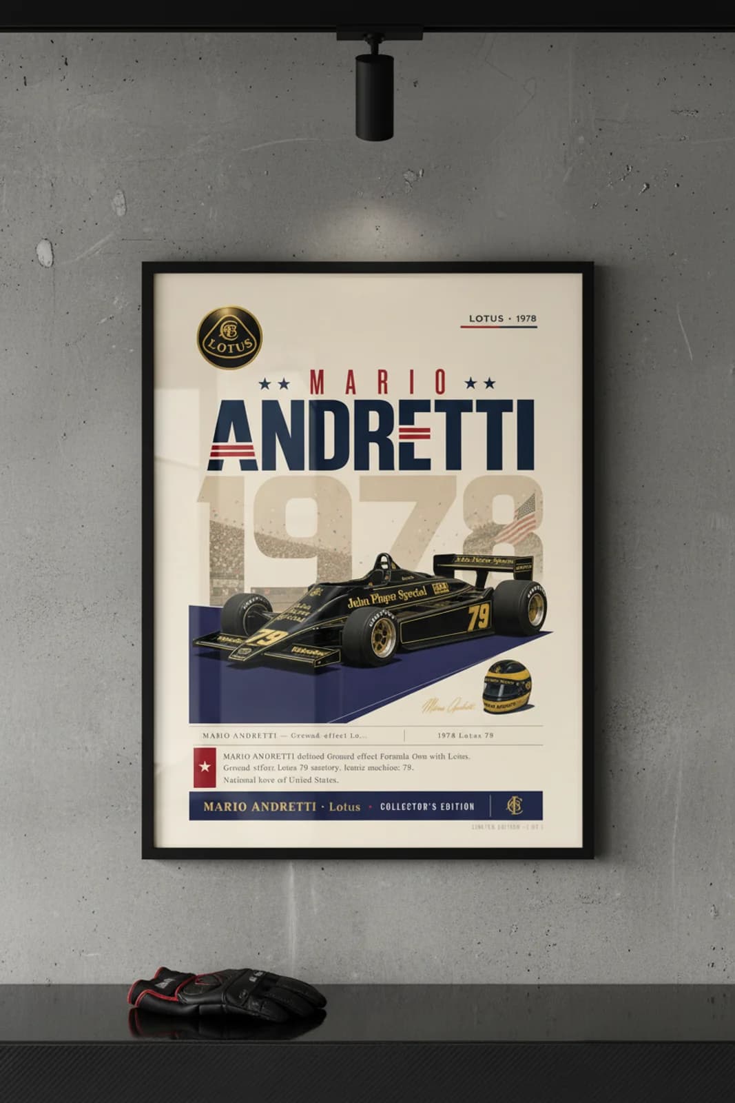 Mario Andretti — F1 Heritage Collector poster in black A2 frame on matte-charcoal-footer polished concrete wall — F1 heritage collector mockup
