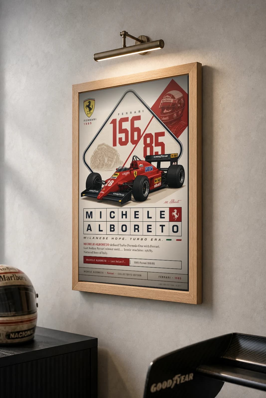 Michele Alboreto Poster — 1985 Ferrari 156/85 Turbo F1 Heritage Collector Print — the framed print shown at a three-quarter angle on a styled gallery wall in a natural-oak frame