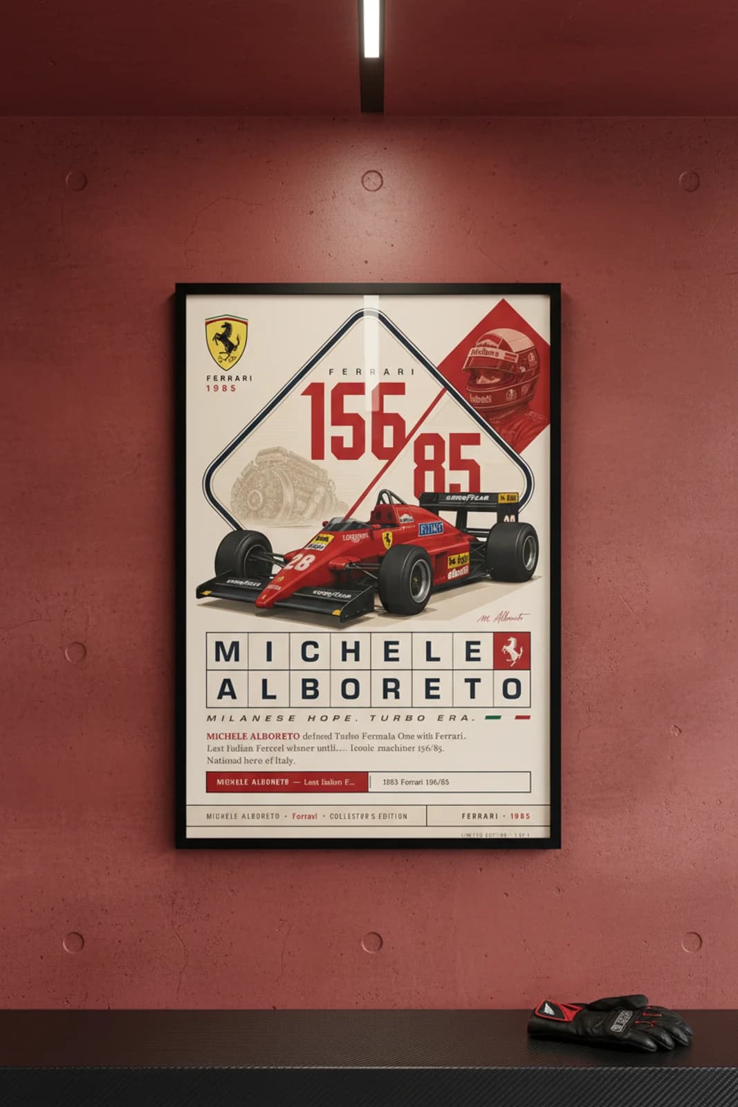 Michele Alboreto poster in black A2 frame on rosso-corsa-red polished concrete wall — F1 heritage collector mockup