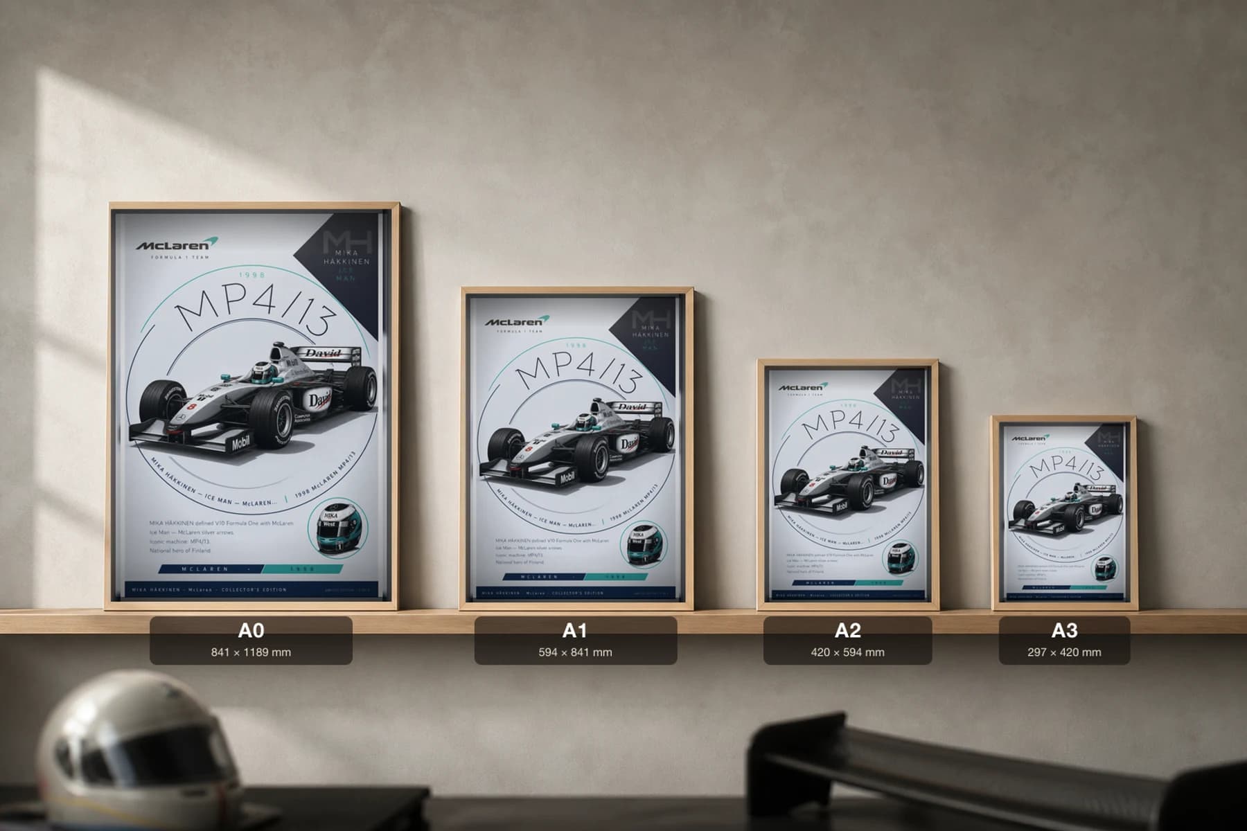 Mika Häkkinen Poster — 1998 McLaren MP4/13 V10 F1 Heritage Collector Print — print size guide showing the artwork at A0, A1, A2 and A3 in natural-oak frames at true relative scale