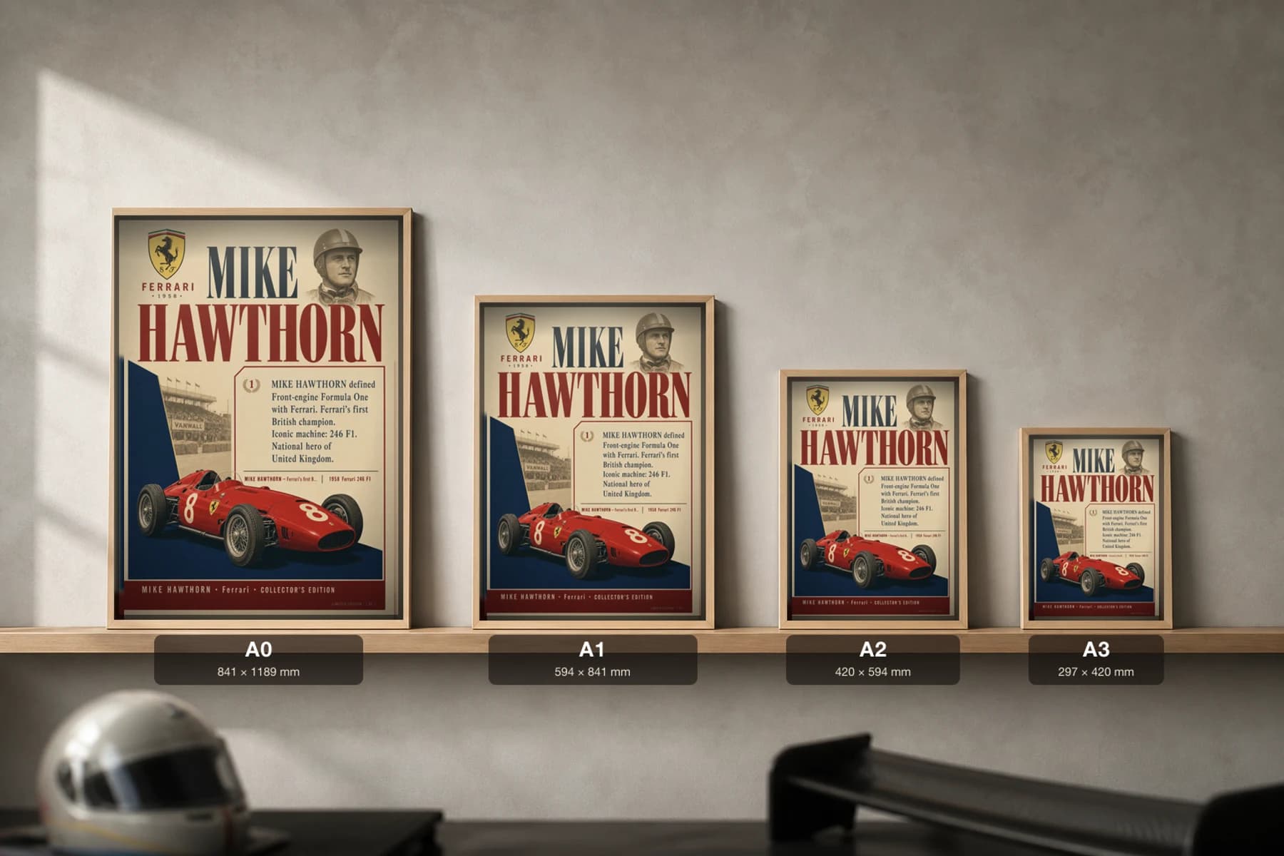Mike Hawthorn Poster — 1958 Ferrari 246 F1 Front-Engine F1 Heritage Collector Print — print size guide showing the artwork at A0, A1, A2 and A3 in natural-oak frames at true relative scale