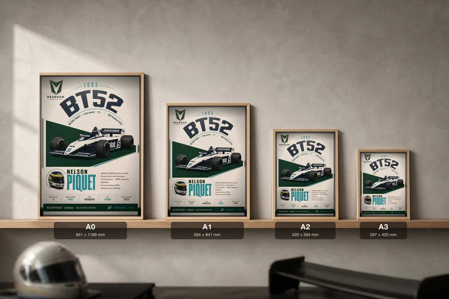 Nelson Piquet Poster — 1983 Brabham BT52 Turbo Era F1 Heritage Collector Print — print size guide showing the artwork at A0, A1, A2 and A3 in natural-oak frames at true relative scale