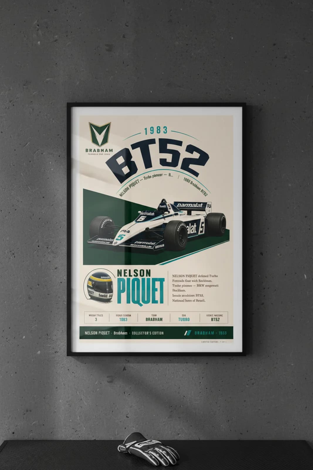 Nelson Piquet — F1 Heritage Collector poster in black A2 frame on charcoal-sidebar-spine polished concrete wall — F1 heritage collector mockup