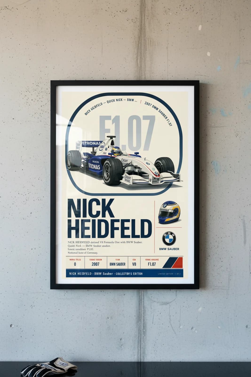 Nick Heidfeld poster in black A2 frame on bmw-sauber-white-blue polished concrete wall — F1 heritage collector mockup