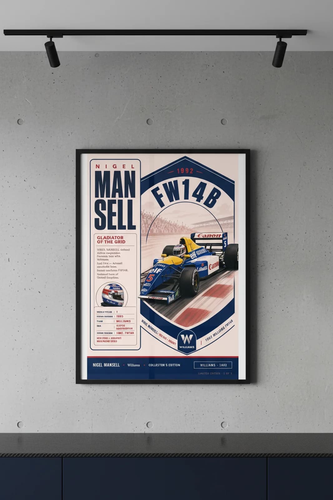 Nigel Mansell — F1 Heritage Collector poster in black A2 frame on navy-sidebar-spine polished concrete wall — F1 heritage collector mockup